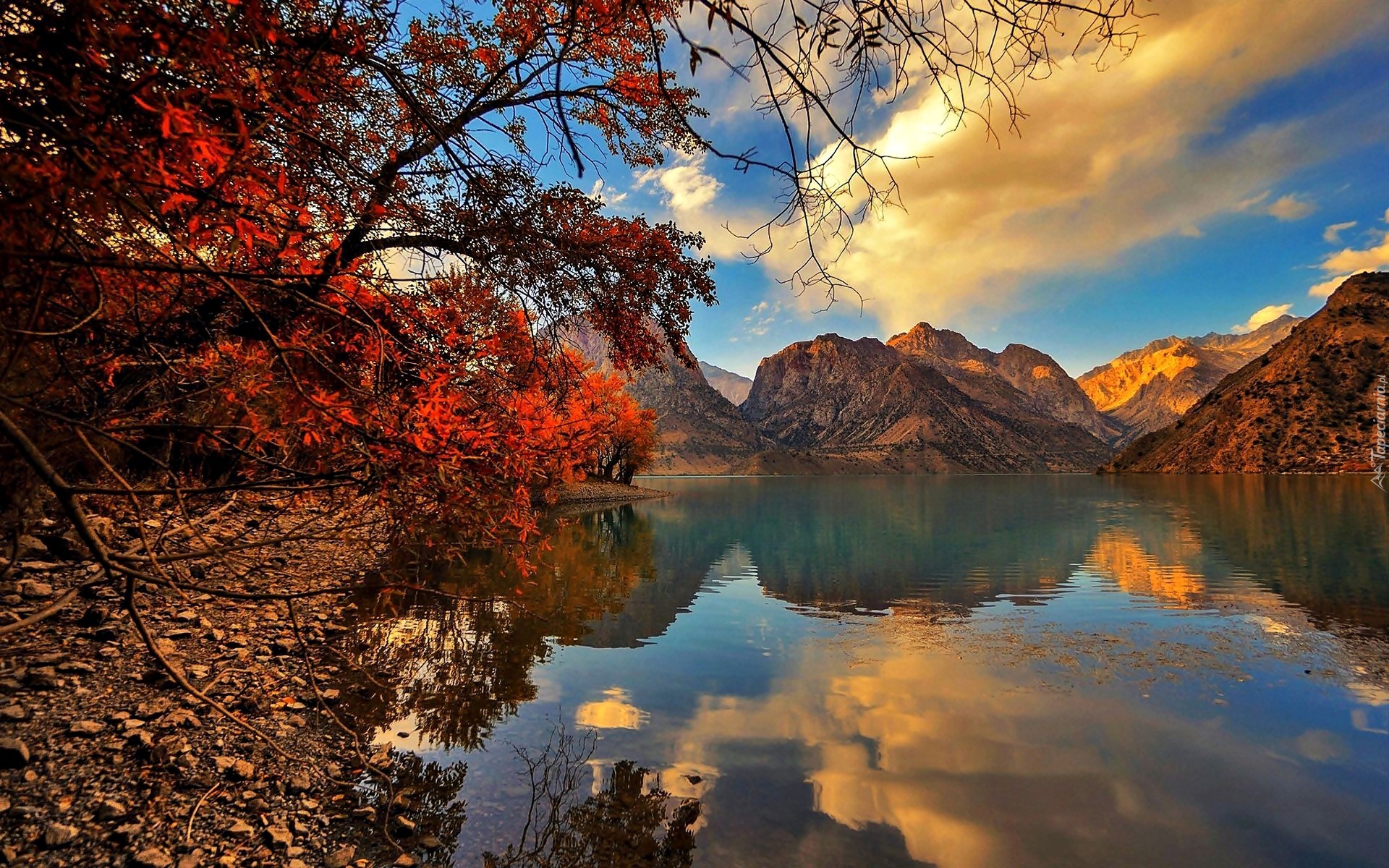 Jezioro, Góry, Jesień, Drzewa, Odbicie