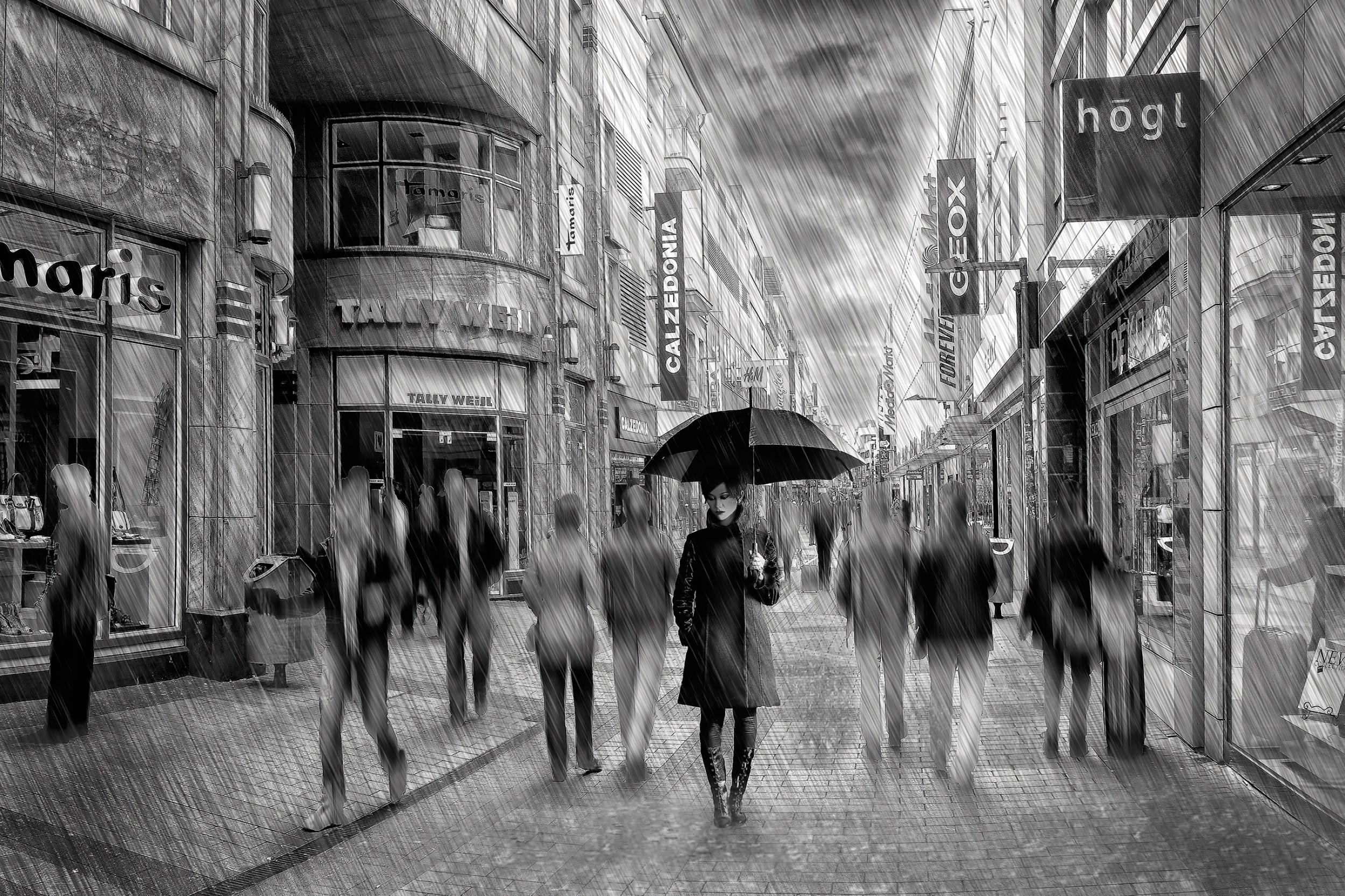 Ludzie, Deszcz, Sklepy, Ulica