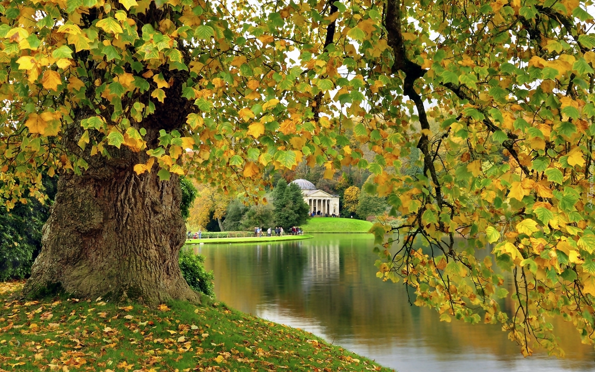 Park, Jezioro, Drzewa, Rezydencja, Stourhead, Anglia, Jesień