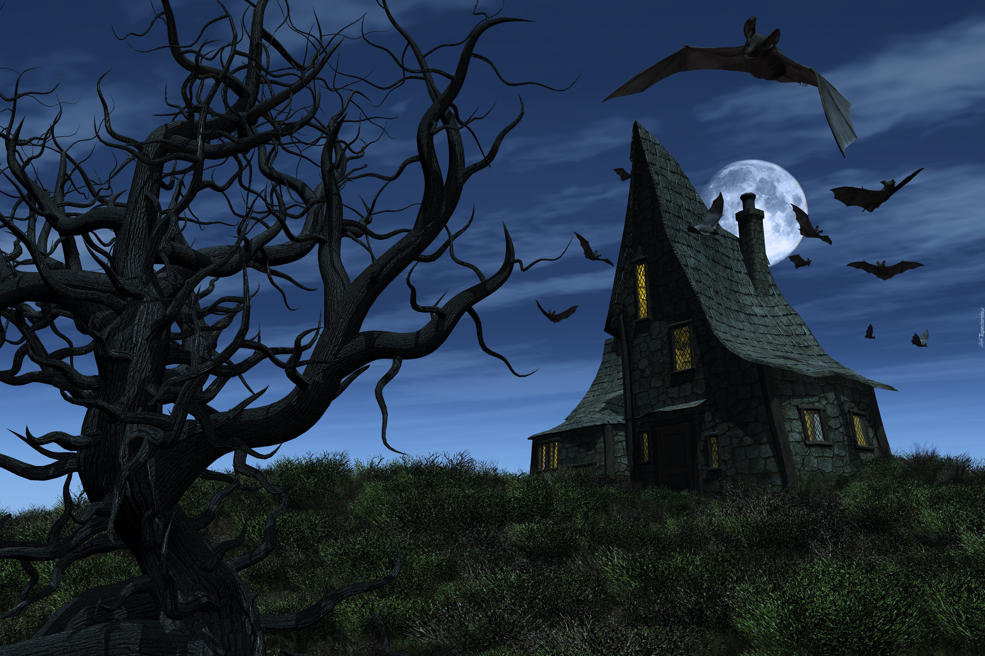 Halloween, Domek, Nietoperze, Drzewo, Księżyc