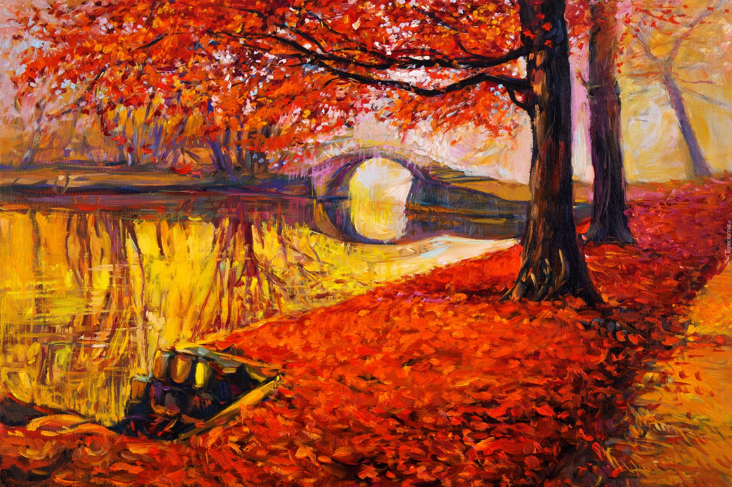 Jesień, Most, Drzewa, Obraz