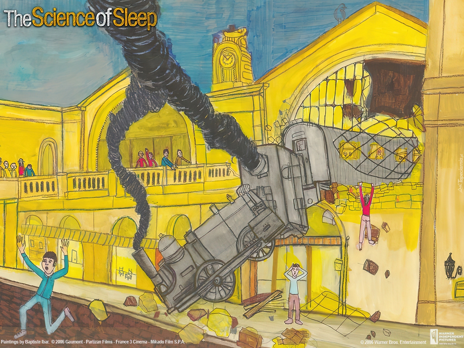 The Science Of Sleep, pociąg, dym, budynek, miasto, ludzie, kraksa