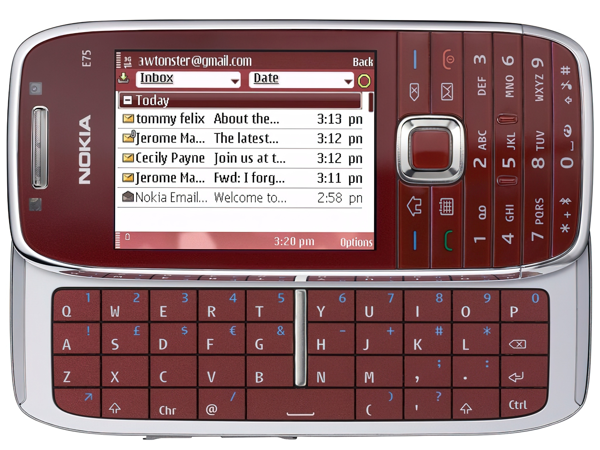 Nokia E75, Wiśniowy, Gmail