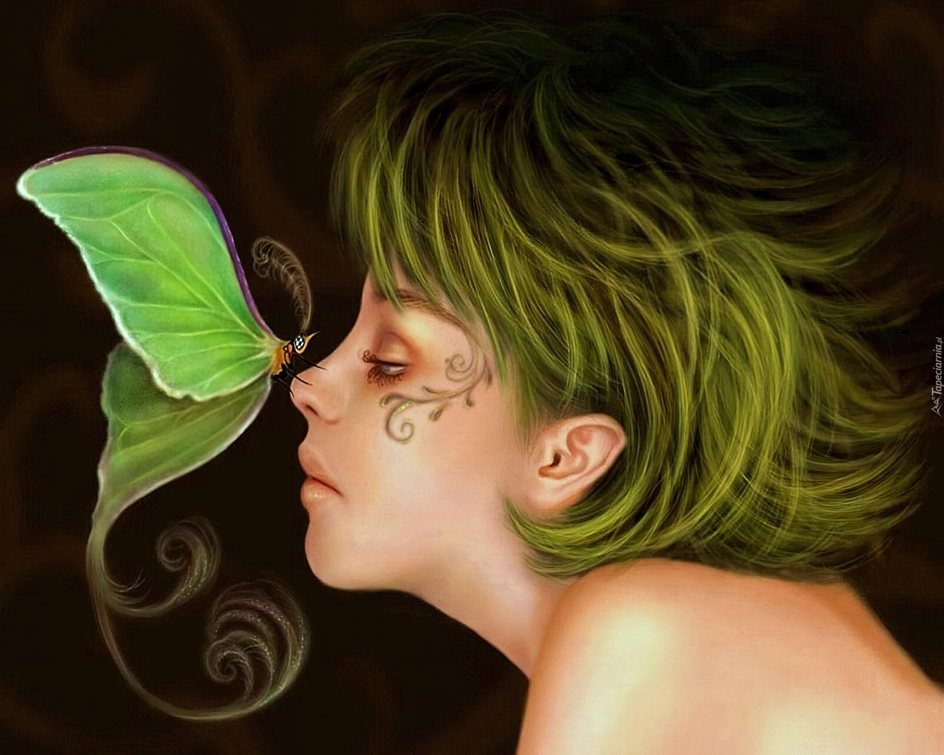 Kobieta, Zielone, Włosy, Tatuaż, Motyl