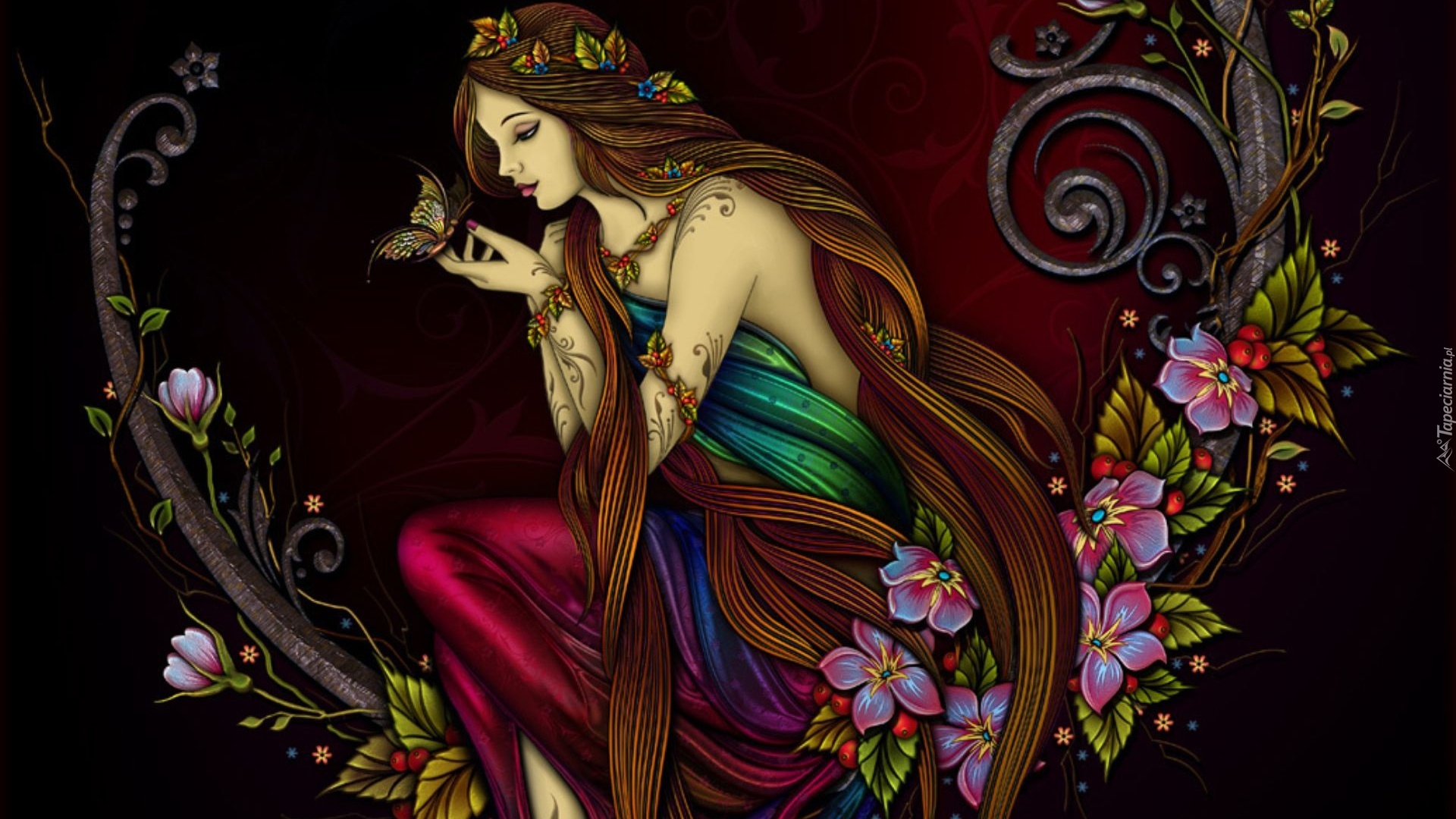 Kobieta, Motyl, Tatuaże, Kwiaty