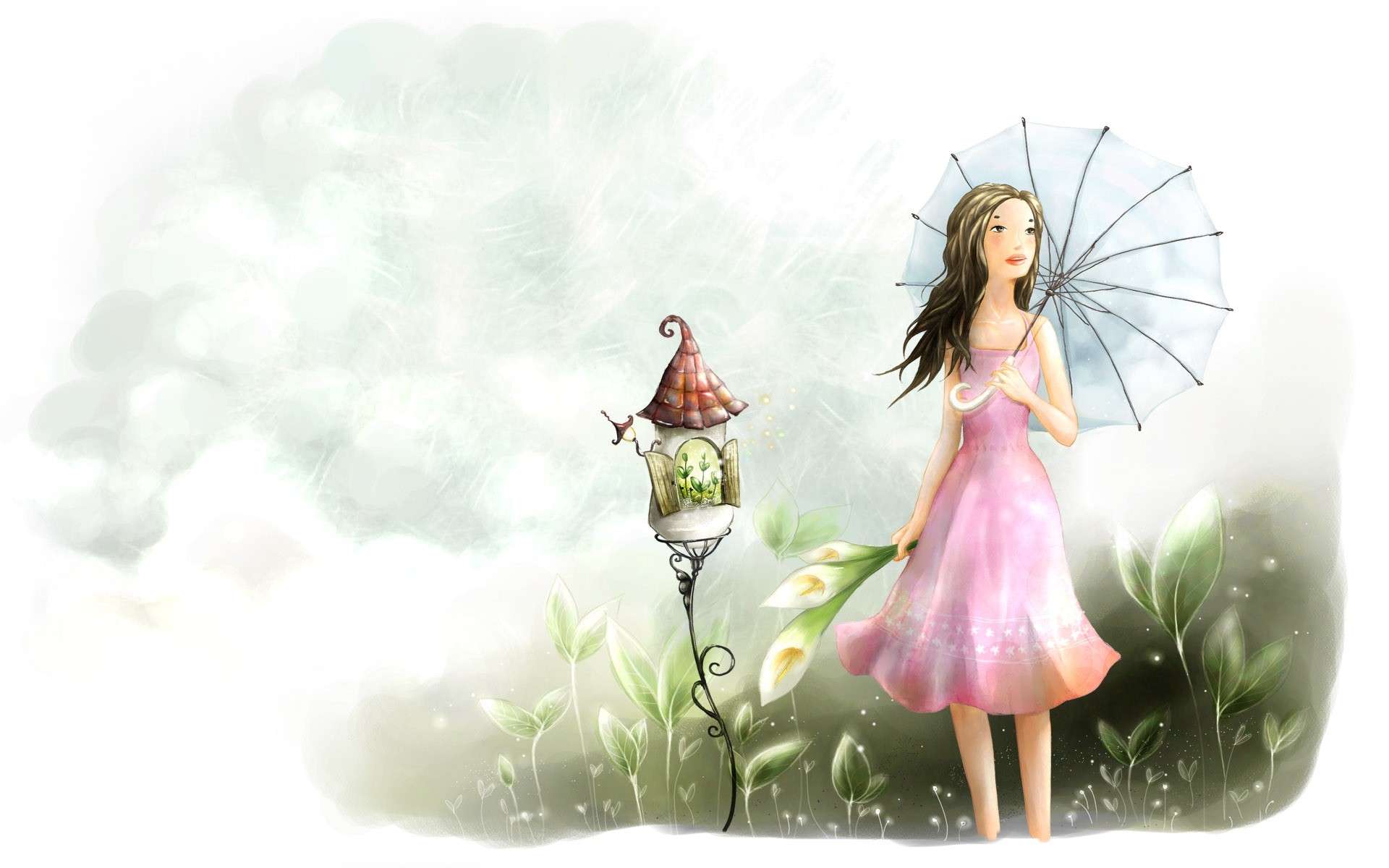 Dziewczyna, Parasolka, Kwiaty