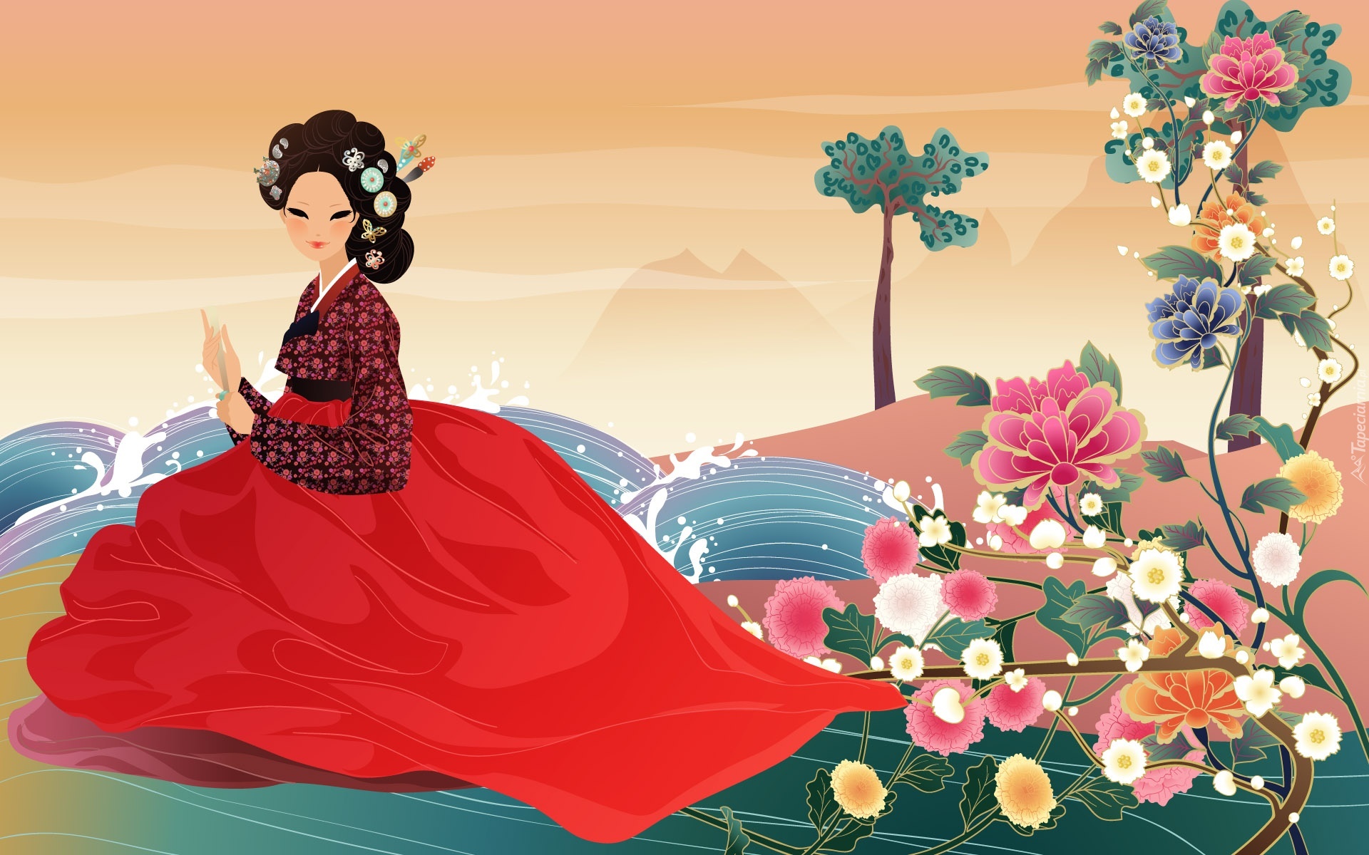 Kobieta, Japonka, Kwiaty, Suknia