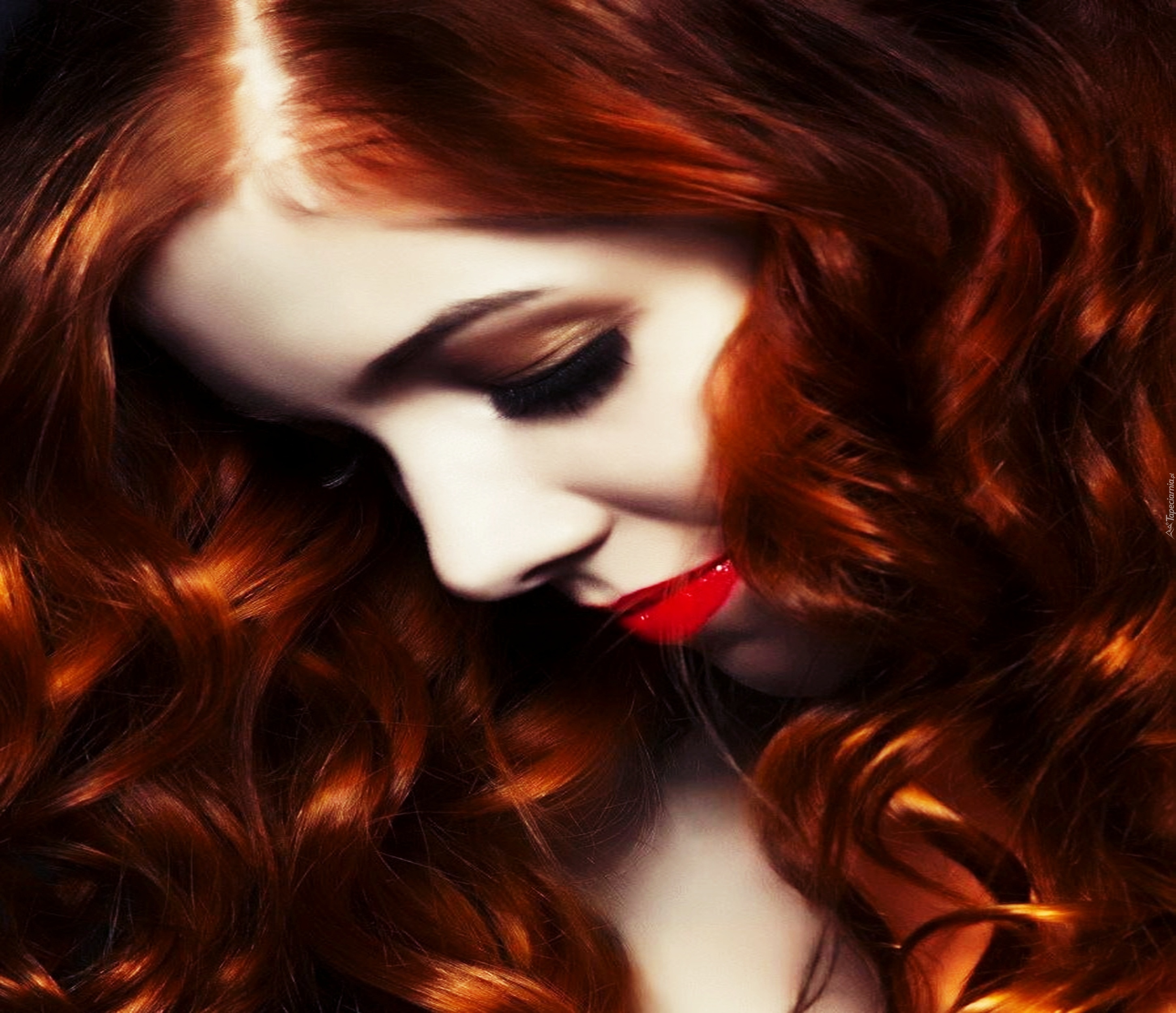 Kobieta, Makijaż, Czerwone, Włosy