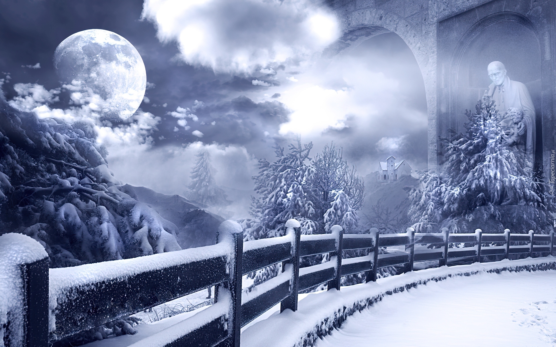 Księżyc, Zima, Drzewa, Noc