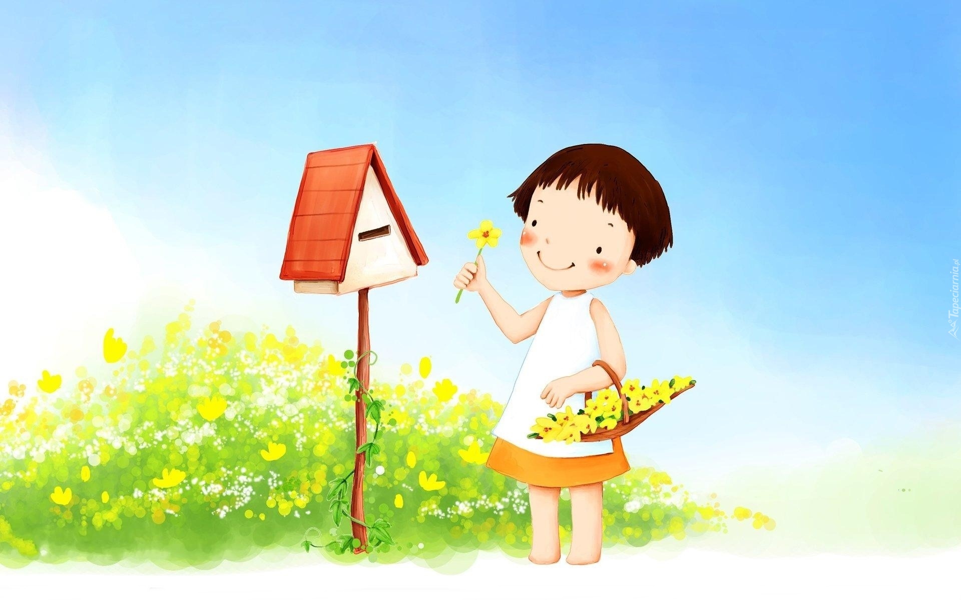 Dziecko, Koszyk, Kwiaty