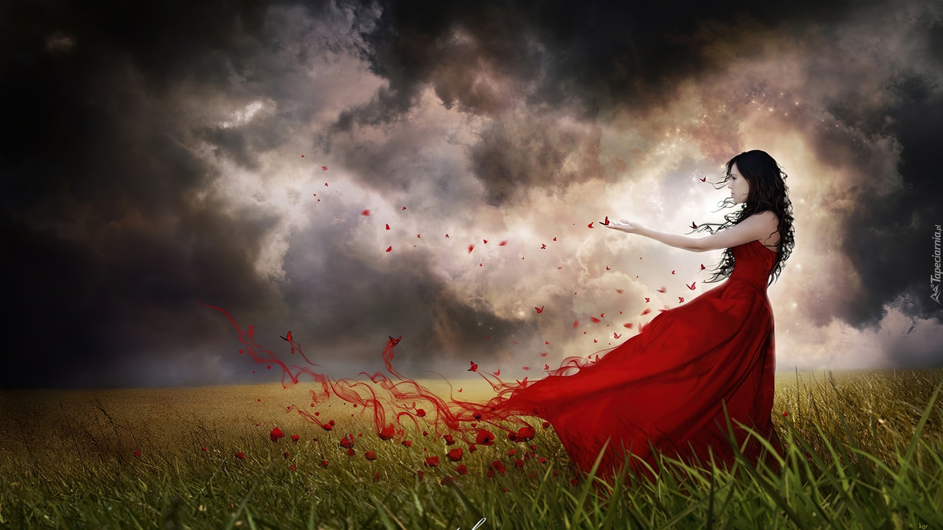 Kobieta, Czerwona, Suknia, Motyle, Chmury