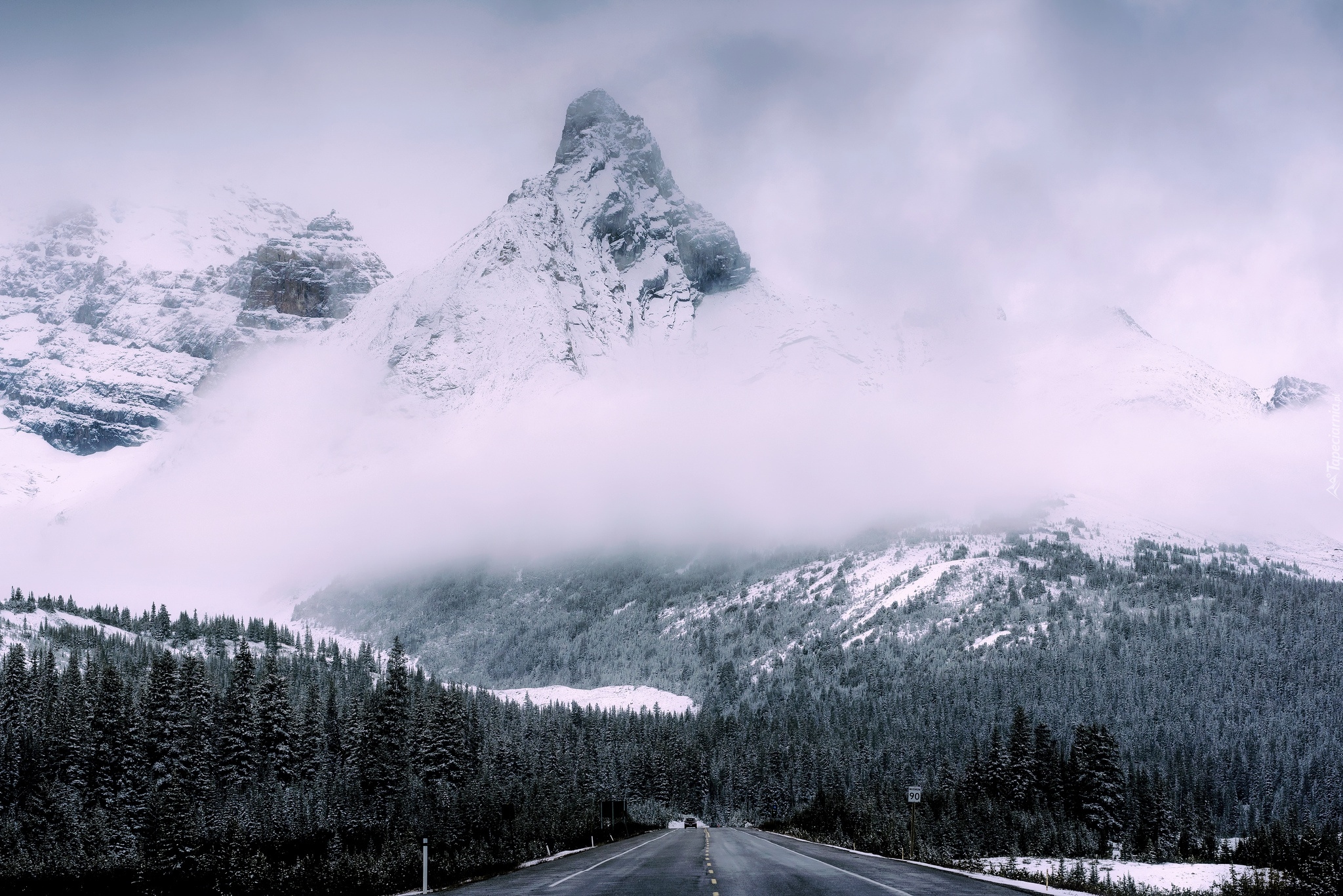 Zima, Góry, Droga, Chmury