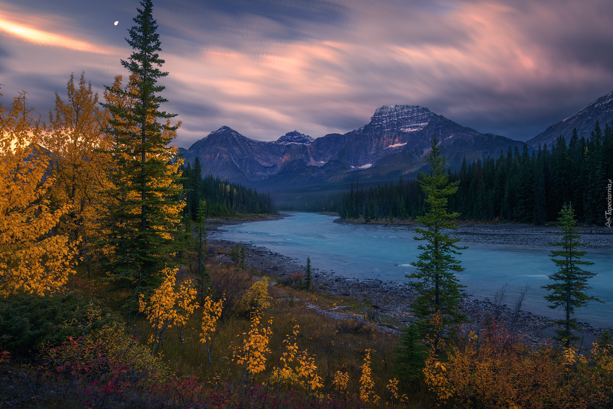 Góry, Rzeka, Athabasca River, Drzewa, Księżyc, Park Narodowy Jasper, Alberta, Kanada