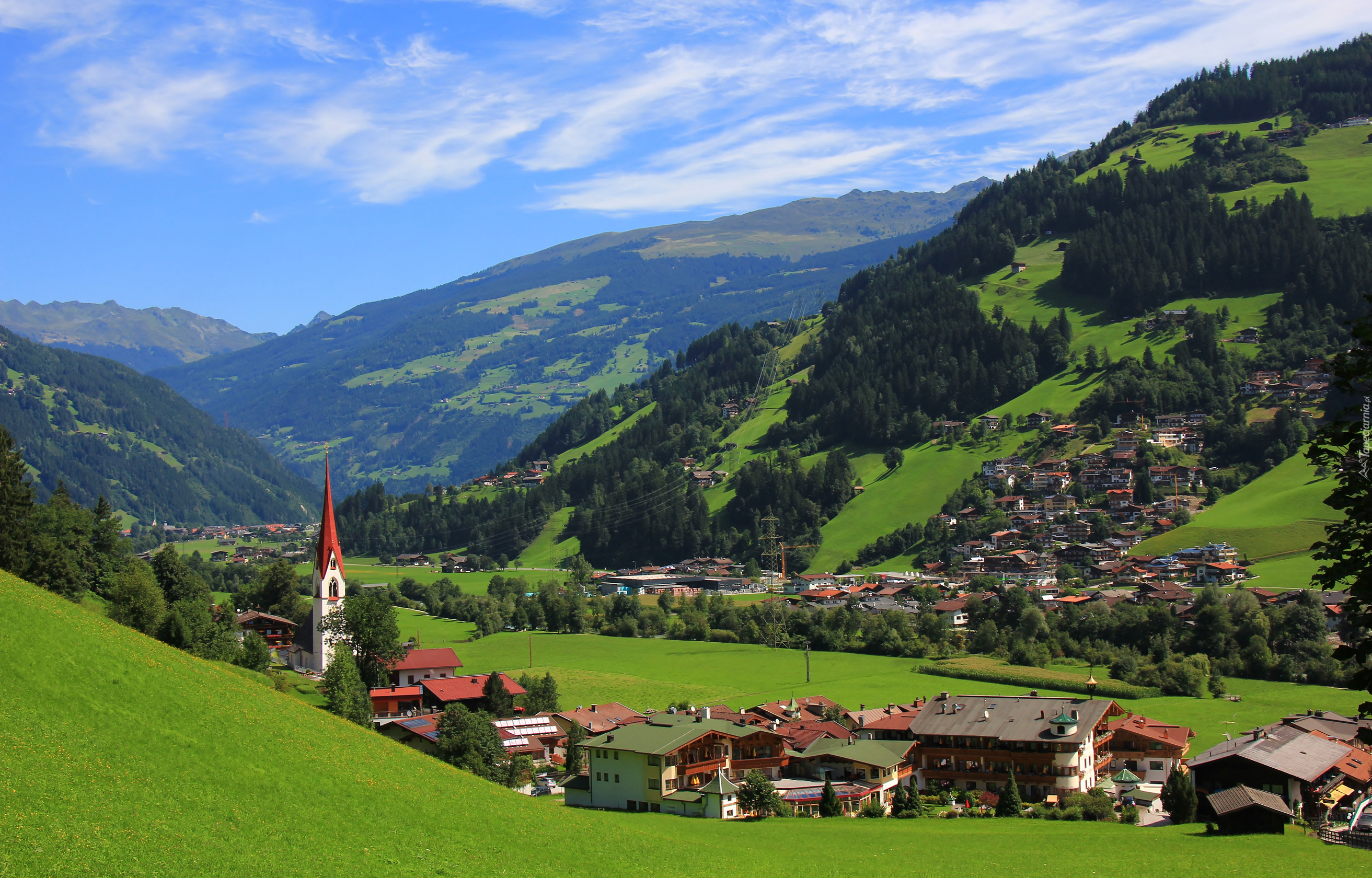 Austria, Tyrol, Mayrhofen, Drzewa, Kościół, Domy