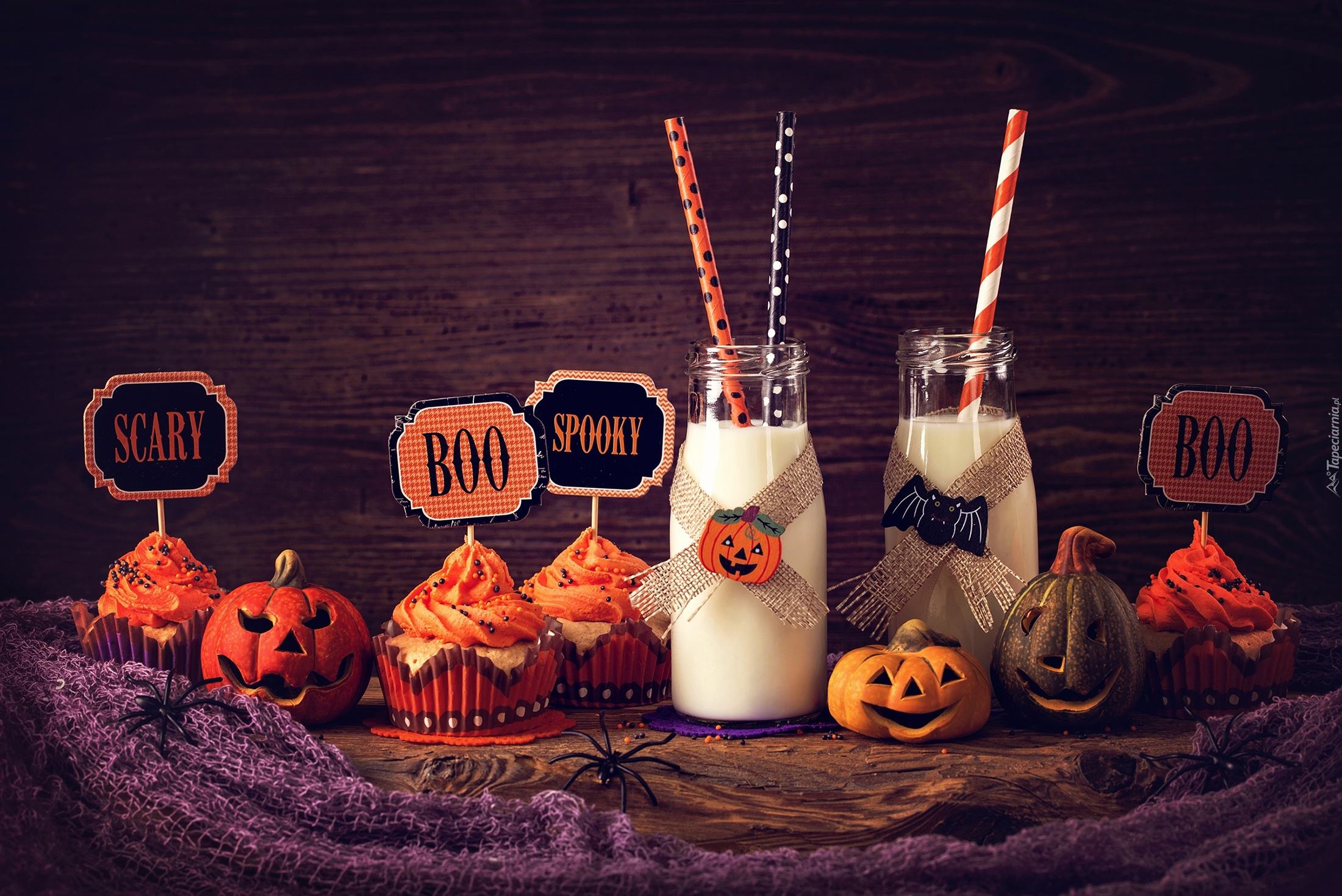 Halloween, Dynie, Babeczki, Mleko