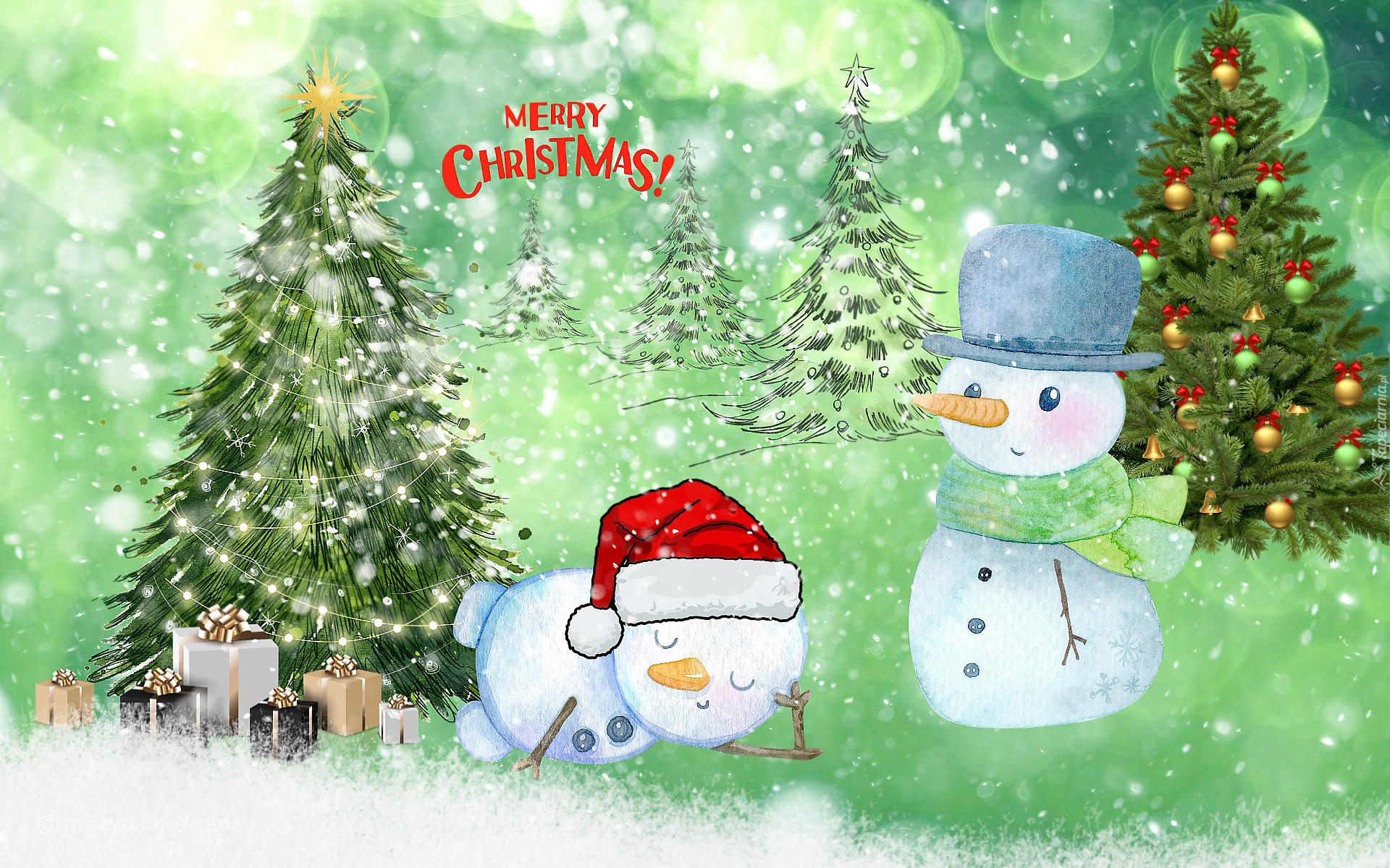 Bałwanki, Choinki, Śnieg, Boże Narodzenie, 2D