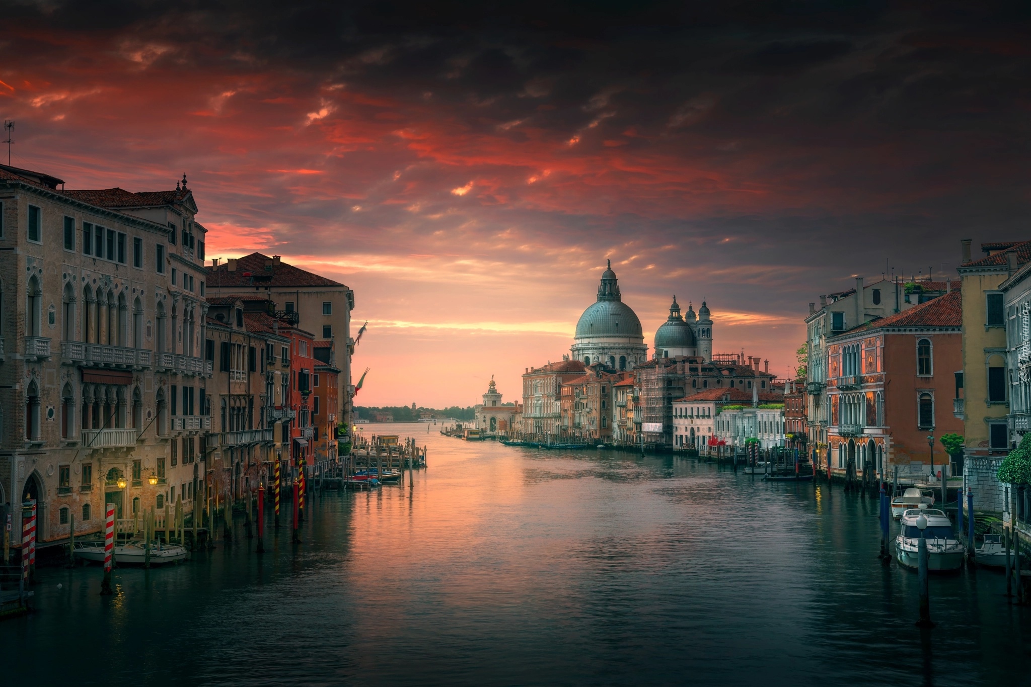 Włochy, Wenecja, Bazylika św. Marka, Kanał, Canal Grande, Zachód słońca