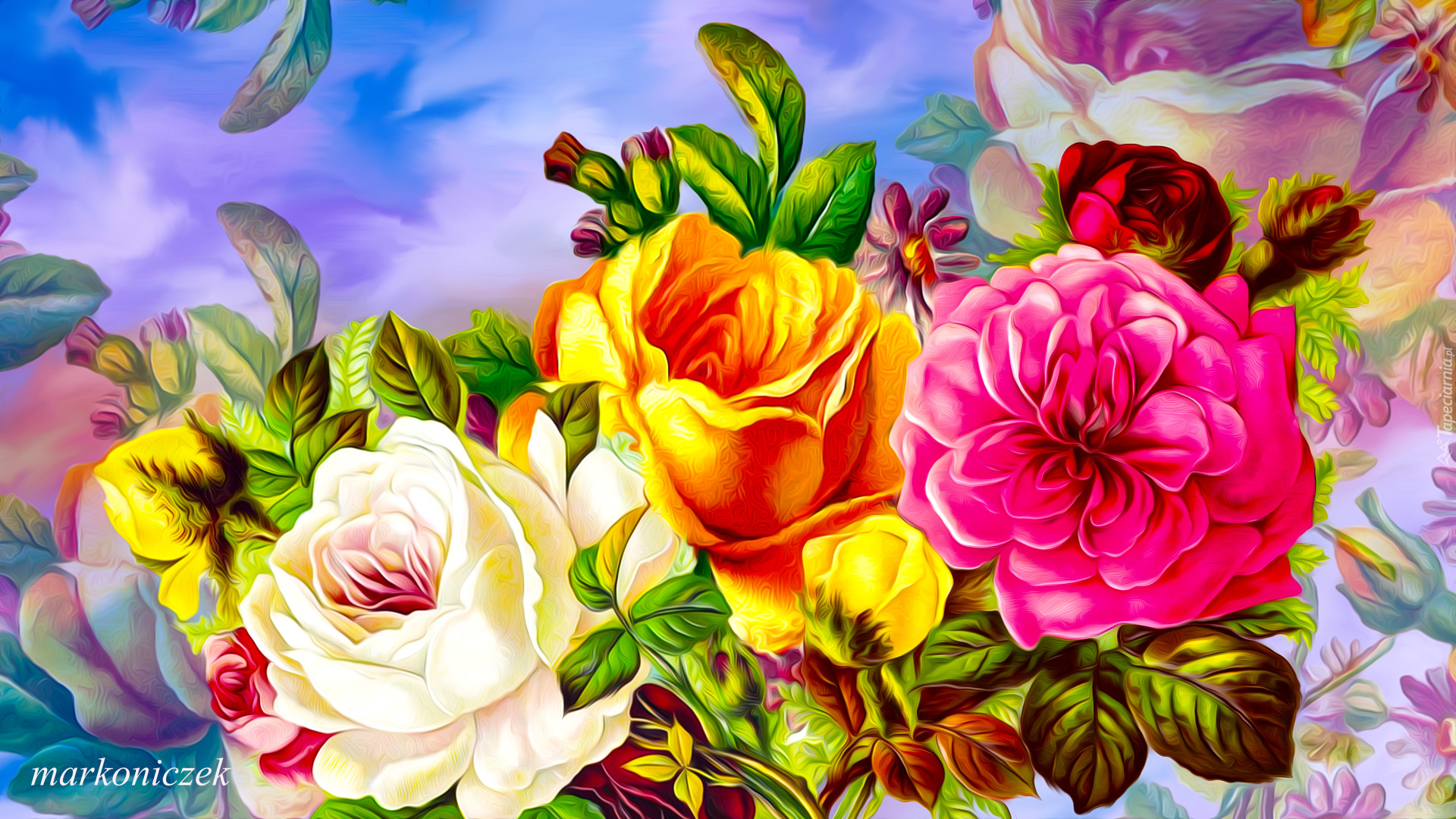 Kwiaty, Trzy, Kolorowe, Róże, Grafika