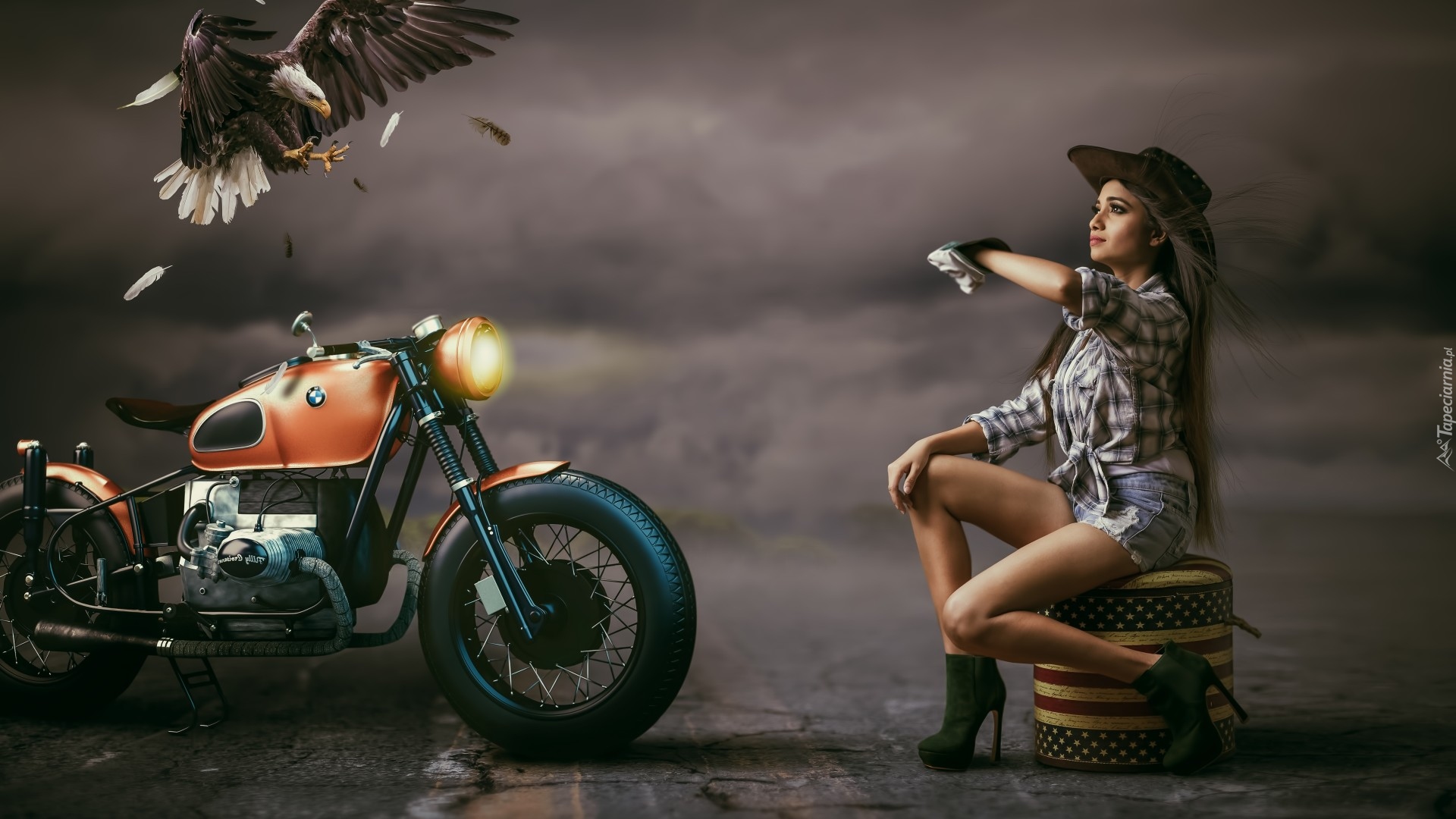Kobieta, Motocykl BMW, Bielik amerykański