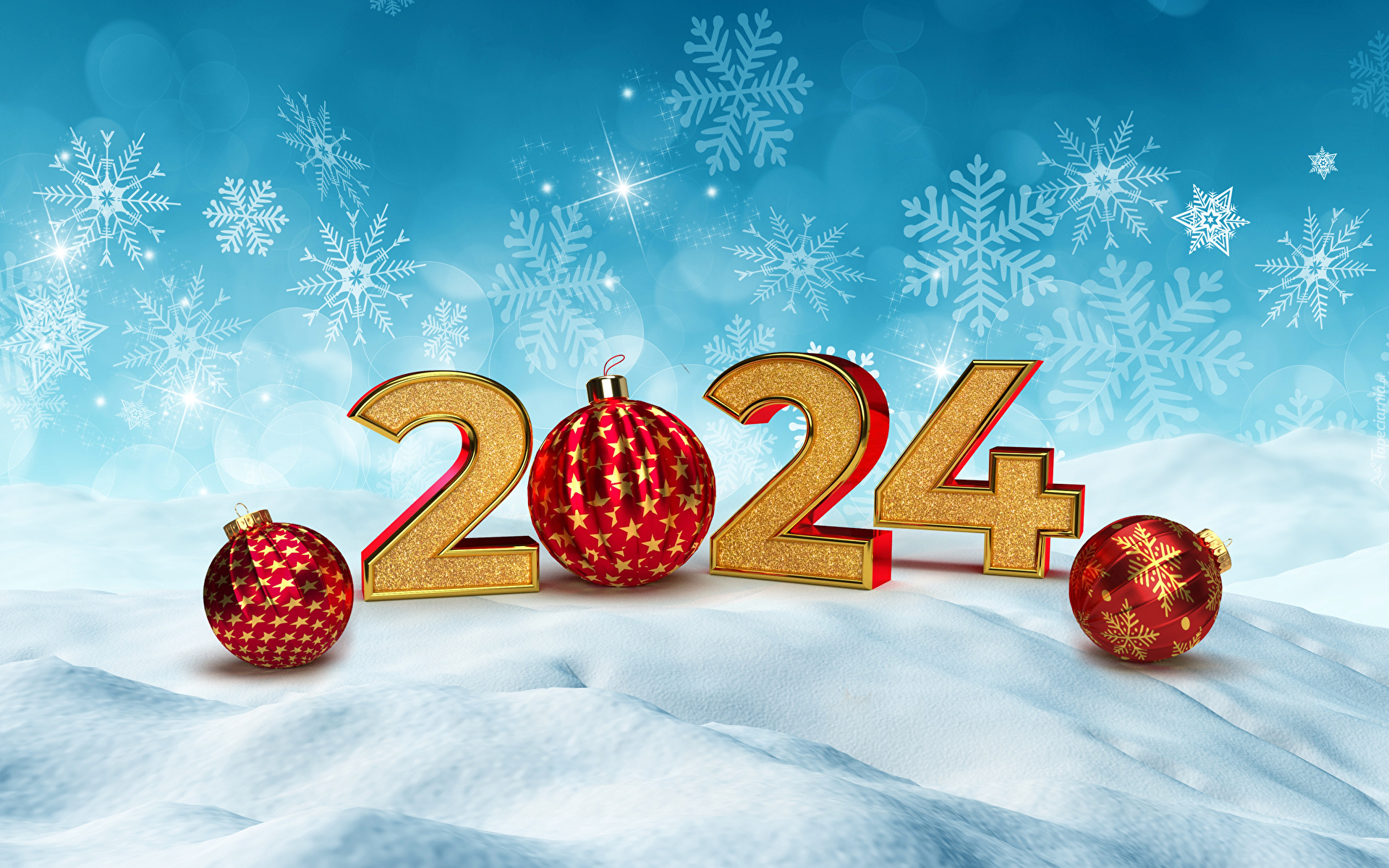 Nowy Rok, 2024, Cyfry, Bombki, Śnieg, Śnieżynki