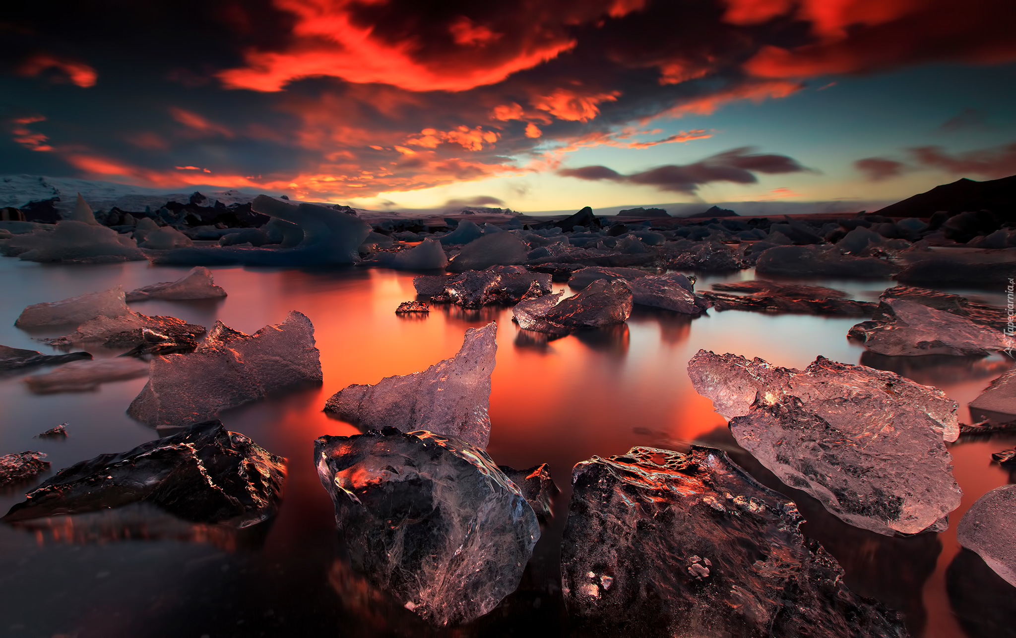Islandia, Jezioro Jokulsarlon, Zachód słońca, Zima, Lód