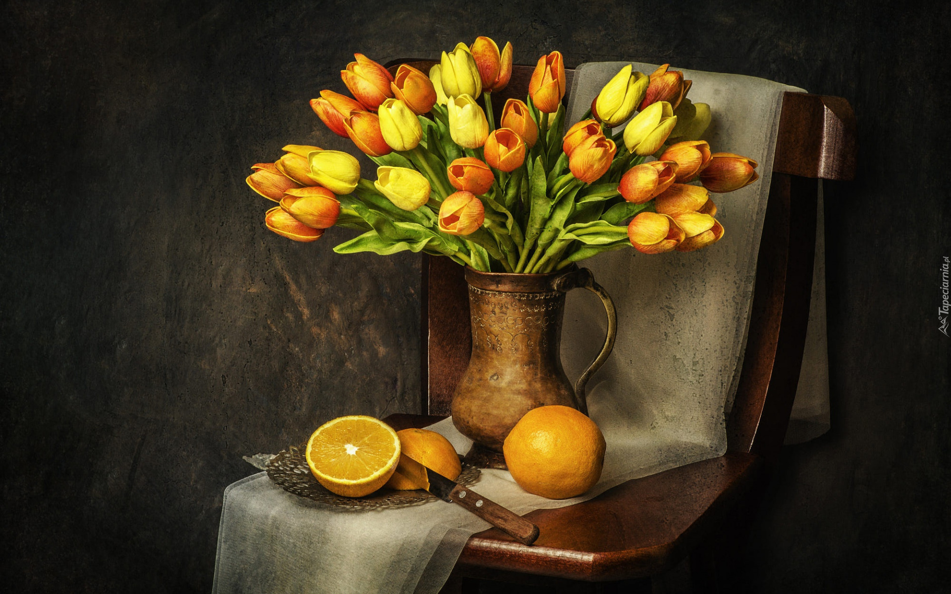 Kwiaty, Bukiet, Tulipany, Dzbanek, Krzesło, Pomarańcze