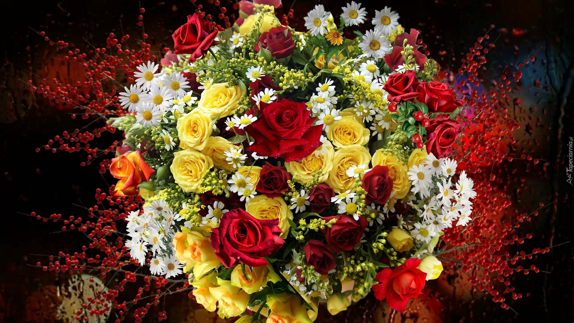 Bukiet, Kwiaty, Żółte, Czerwone, Róże, Białe, Złocienie