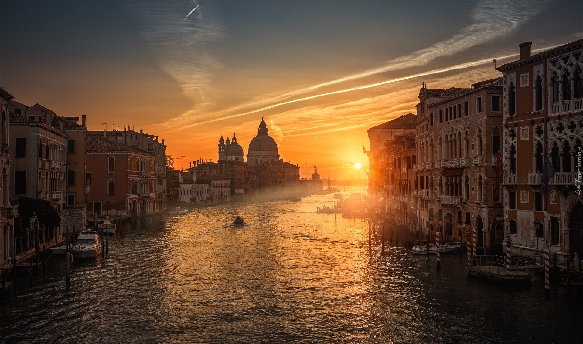 Włochy, Wenecja, Canal Grande, Zachód słońca, Budynki, Łodzie