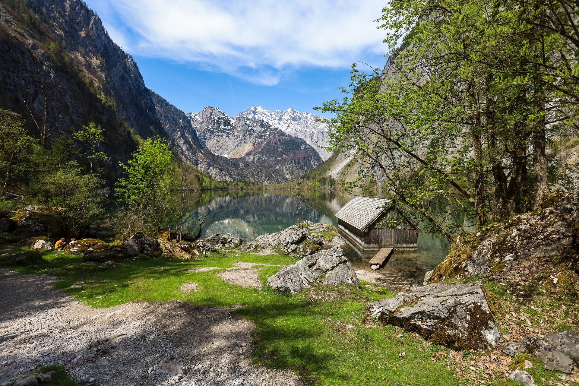 Drewniana, Chata, Drzewo, Góry, Jezioro Konigssee, Park Narodowy Berchtesgaden, Bawaria, Niemcy