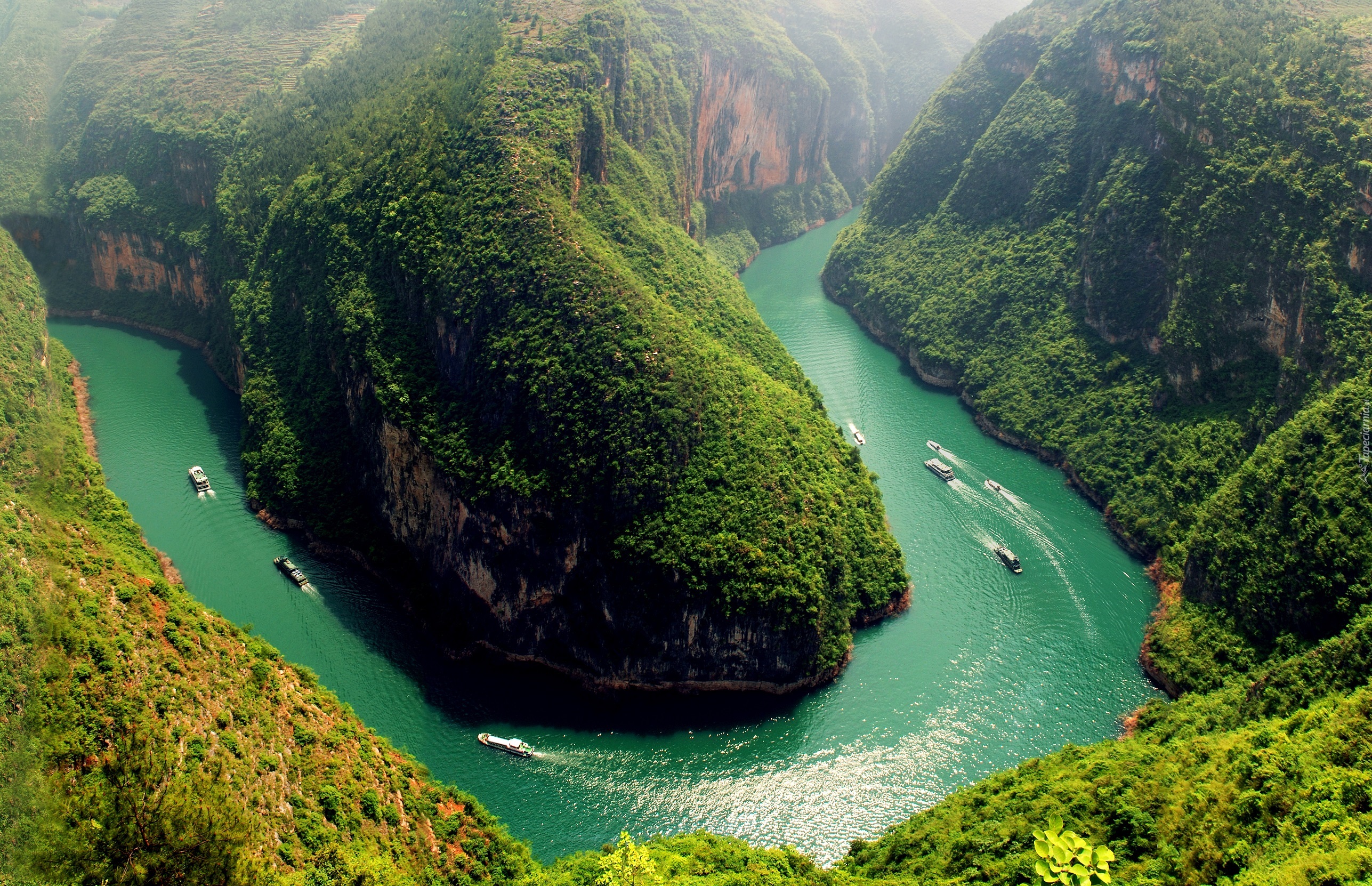 Rzeka Jangcy, Meander, Wzgórza, Statki,  Chiny