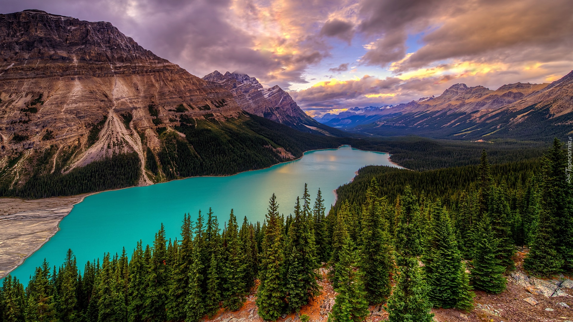 Góry, Canadian Rockies, Chmury, Jezioro Peyto Lake, Lasy, Drzewa, Park Narodowy Banff, Alberta, Kanada