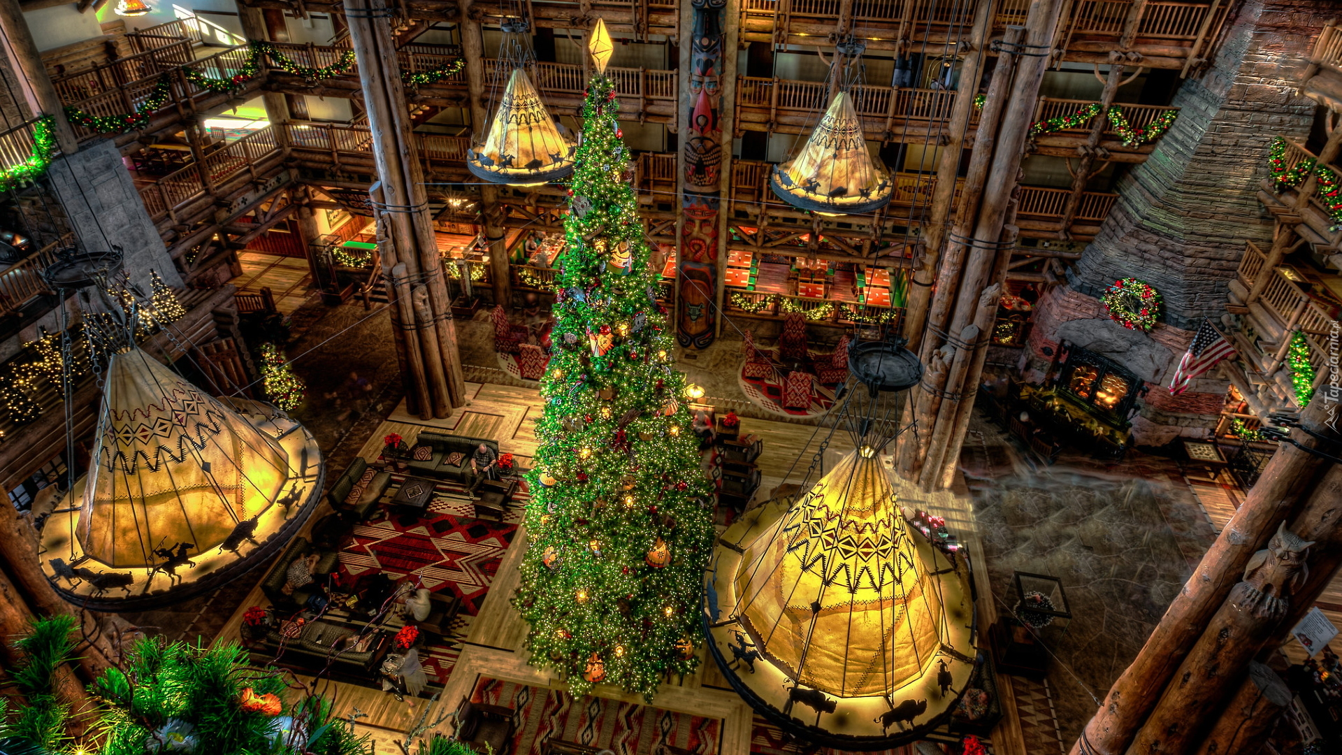 Boże Narodzenie, Choinka, Hotel, Disneys Wilderness Lodge, Hol, Orlando, Stany Zjednoczone