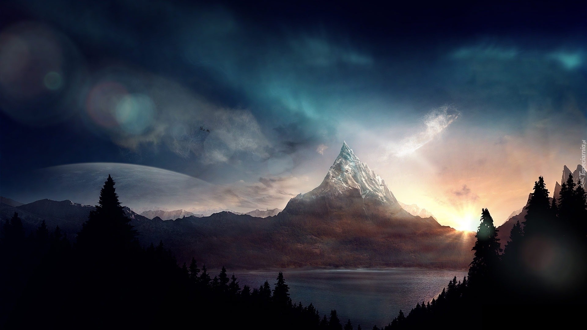 Fantasy, Góry, Jezioro, Ciemne, Chmury