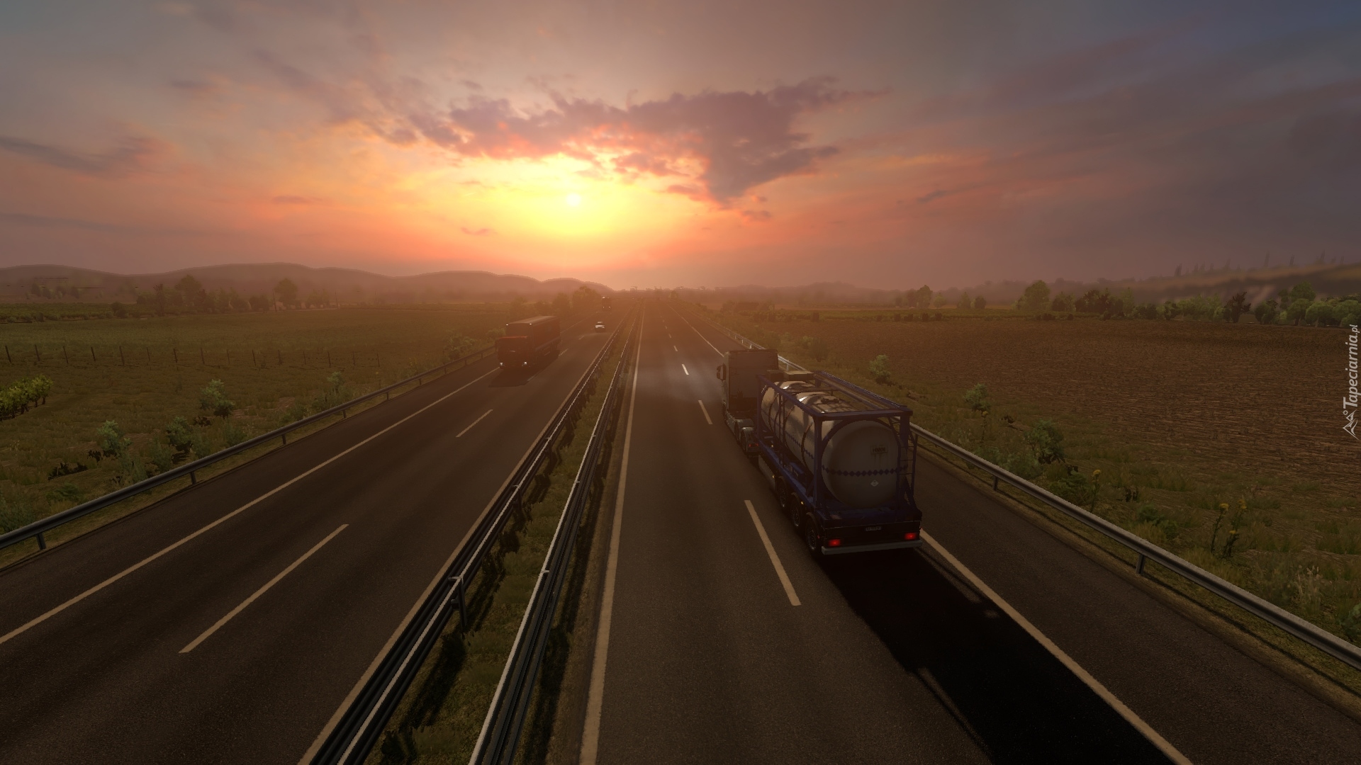 Gra, Euro Truck Simulator 2, ETS 2, Wschód słońca, Autostrada, Ciężarówki