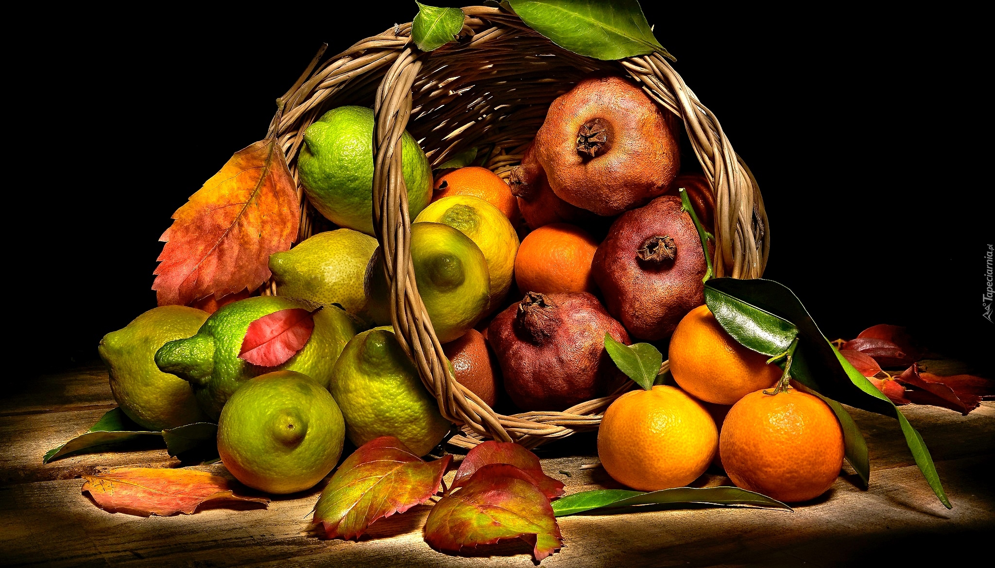 Owoce, Koszyk, Cytryny, Granaty, Mandarynki, Liście
