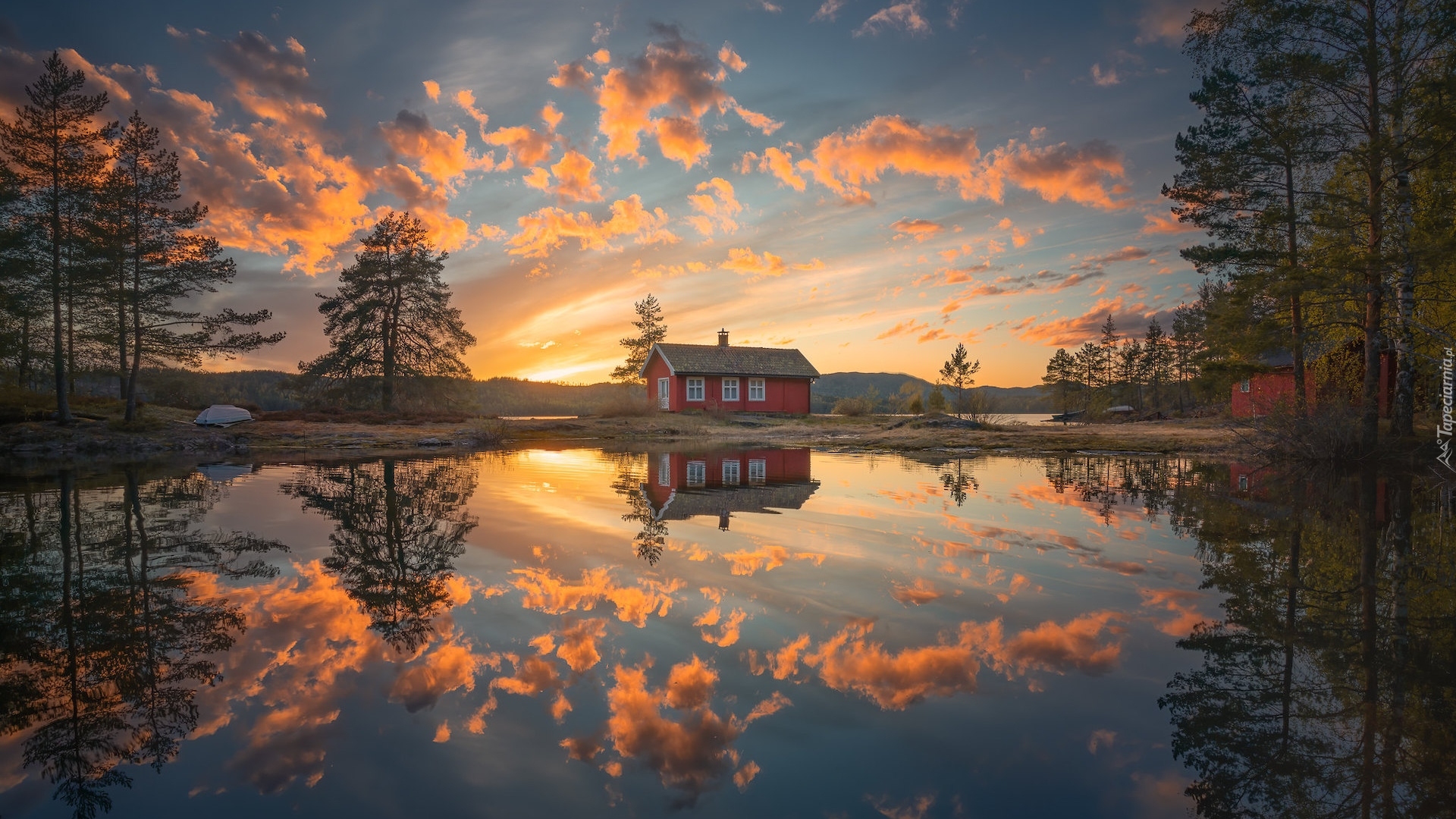 Norwegia, Ringerike, Odbicie, Jezioro, Chmury, Drzewa, Dom, Czerwony