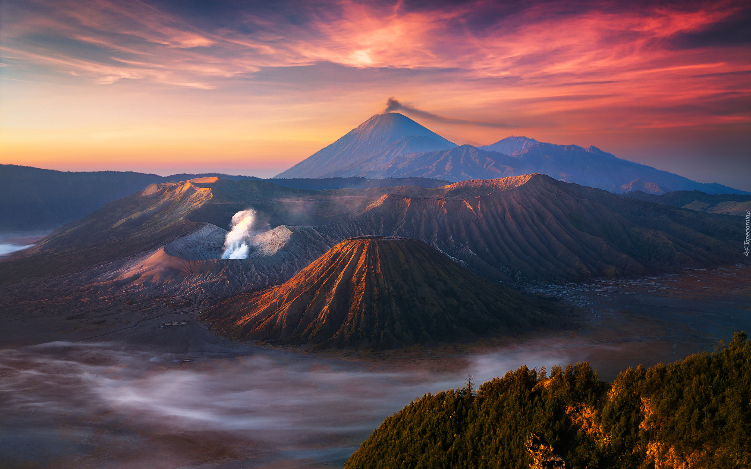 Góry, Wulkan, Mount Bromo, Niebo, Chmury, Jawa, Indonezja