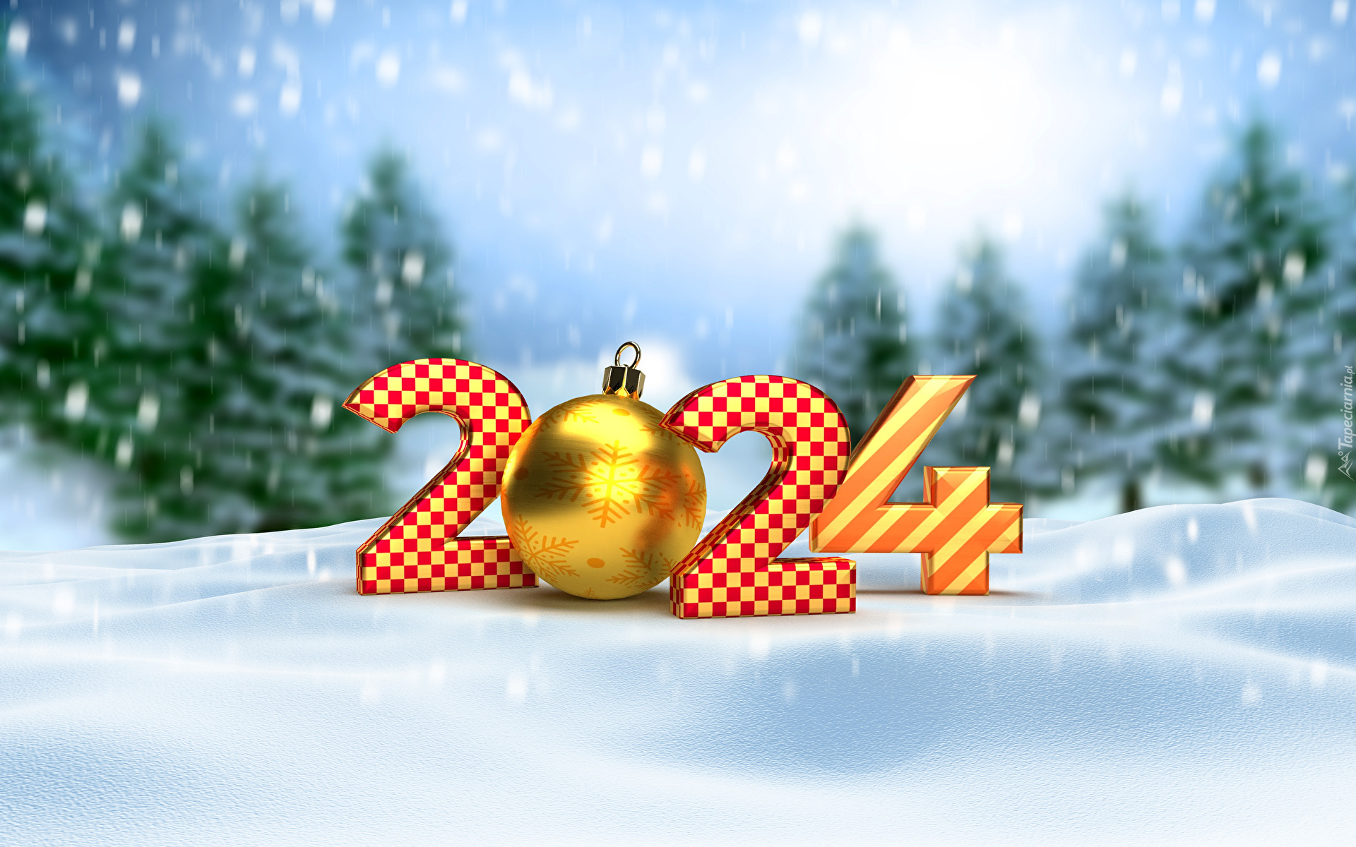 Nowy Rok, Data, 2024, Złota, Bombka, Śnieg, Choinki, Rozmycie
