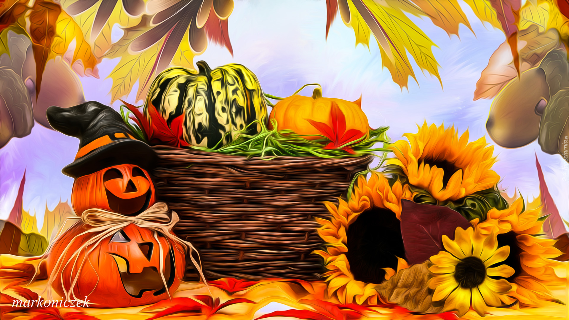 Halloween, Liście, Koszyk, Dynie, Kwiaty, Słoneczniki