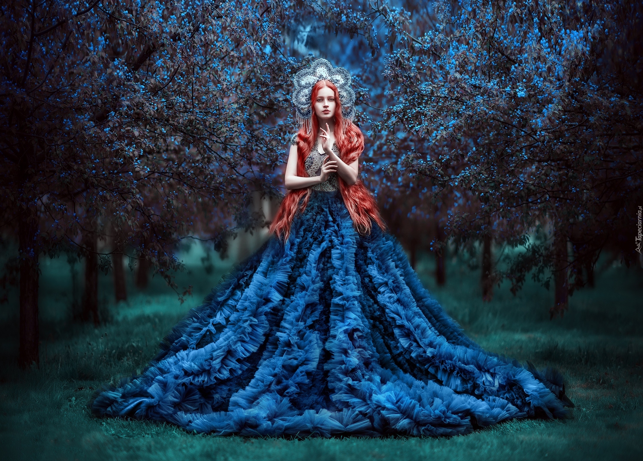 Rudowłosa, Kobieta, Niebieska, Suknia, Drzewa