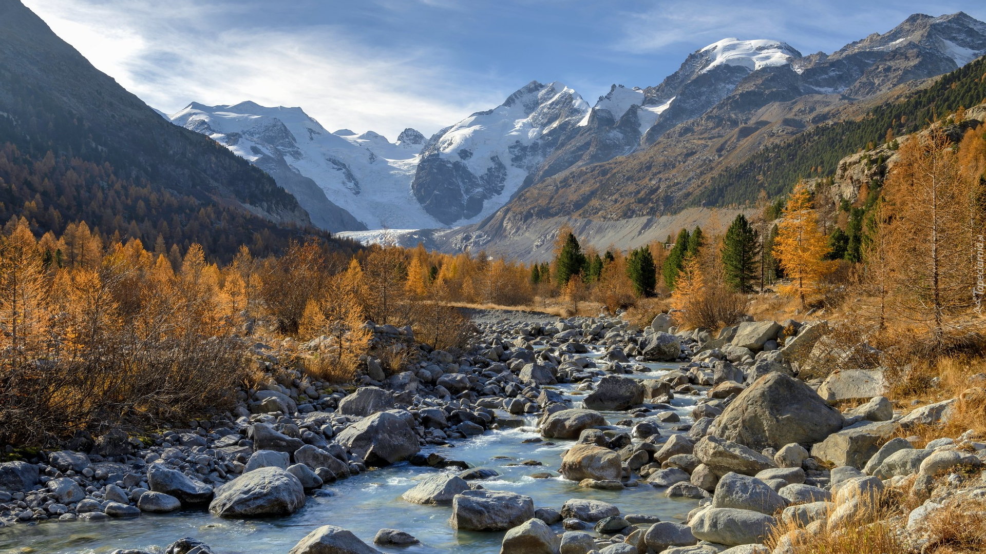 Góry, Rzeka, Kamienie, Drzewa, Jesień, Dolina Morteratsch, Kanton Gryzonia, Szwajcaria
