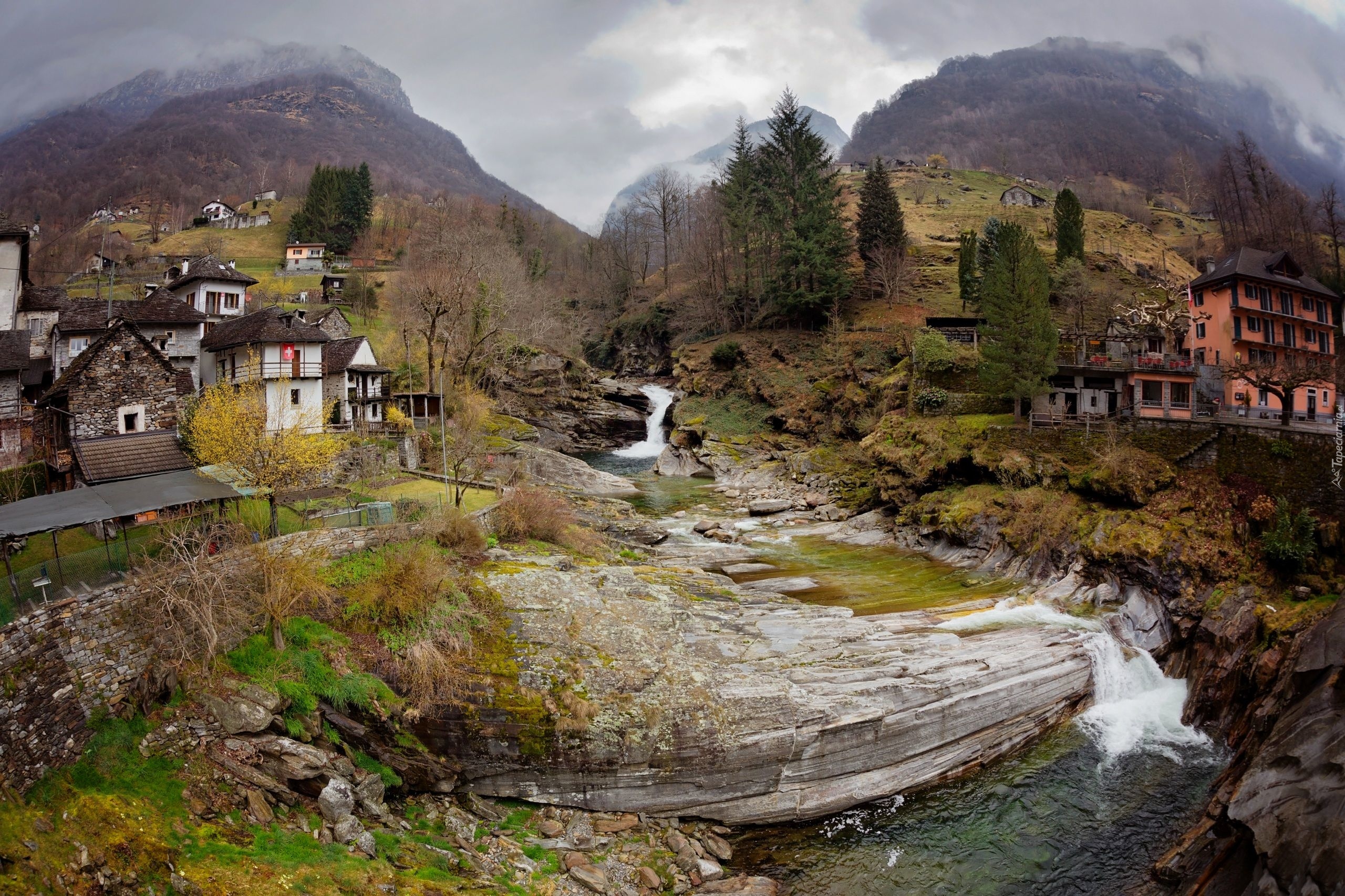 Szwajcaria, Dolina Valle Verzasca, Rzeka Verzasca, Góry, Domy, Wodospad Rzeka