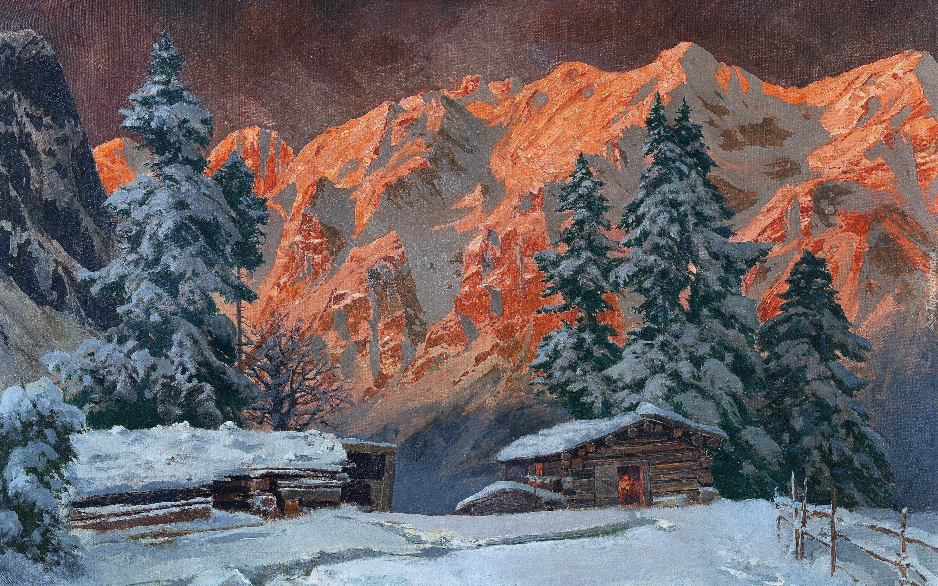Dom, Szopa, Góry, Noc, Śnieg, Drzewa, Malarstwo, Obraz, Alois Arnegger
