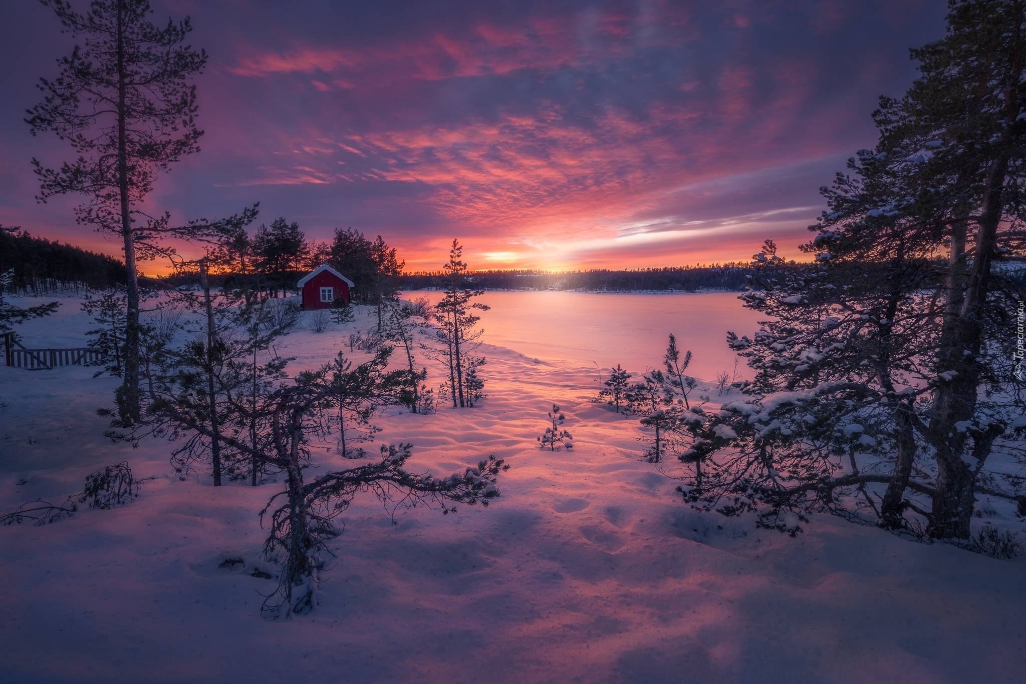 Zima, Drzewa, Dom, Zaśnieżone, Jezioro, Zachód słońca, Chmury, Ringerike, Norwegia
