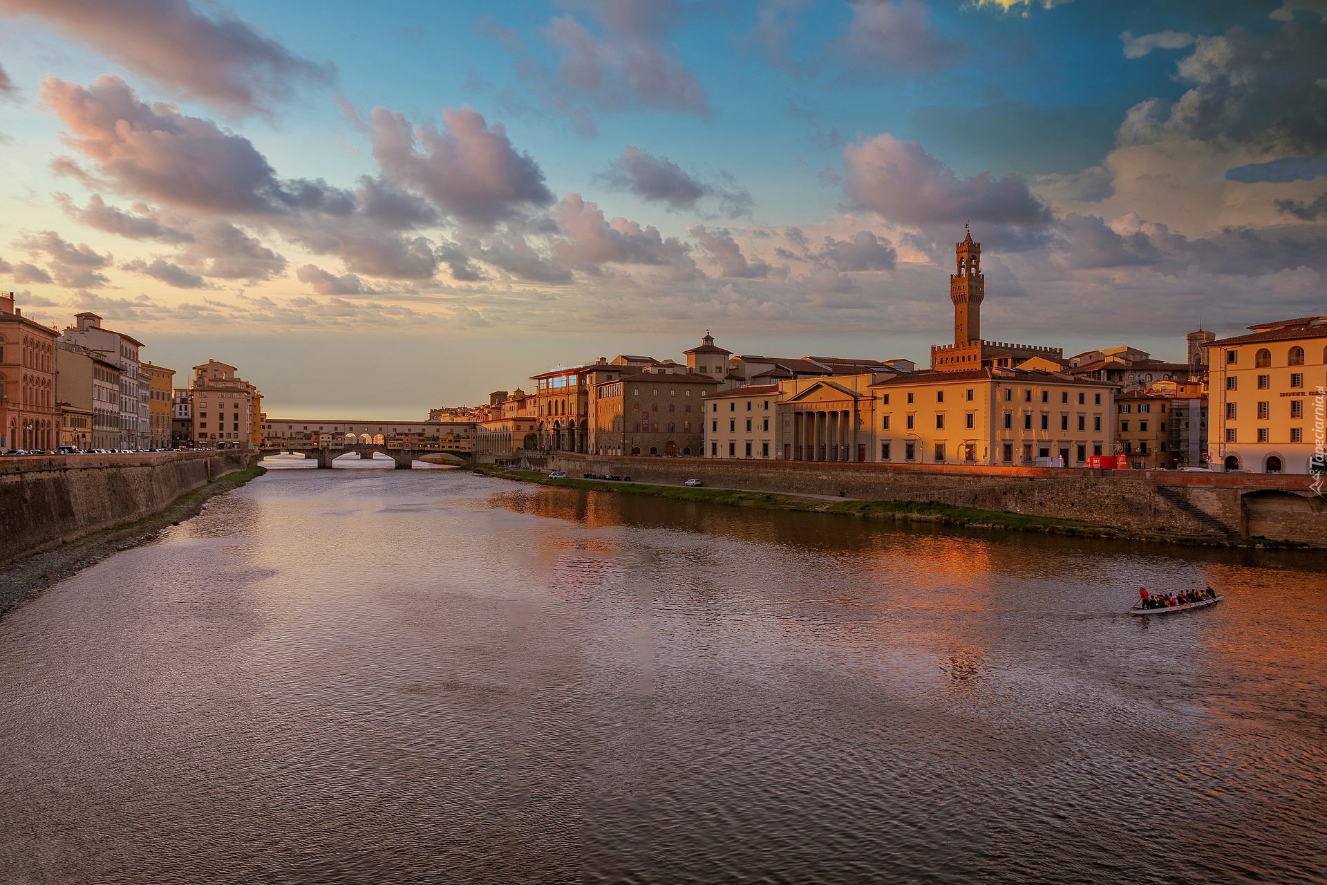 Włochy, Florencja, Most, Ponte Vecchio, Rzeka Arno, Domy