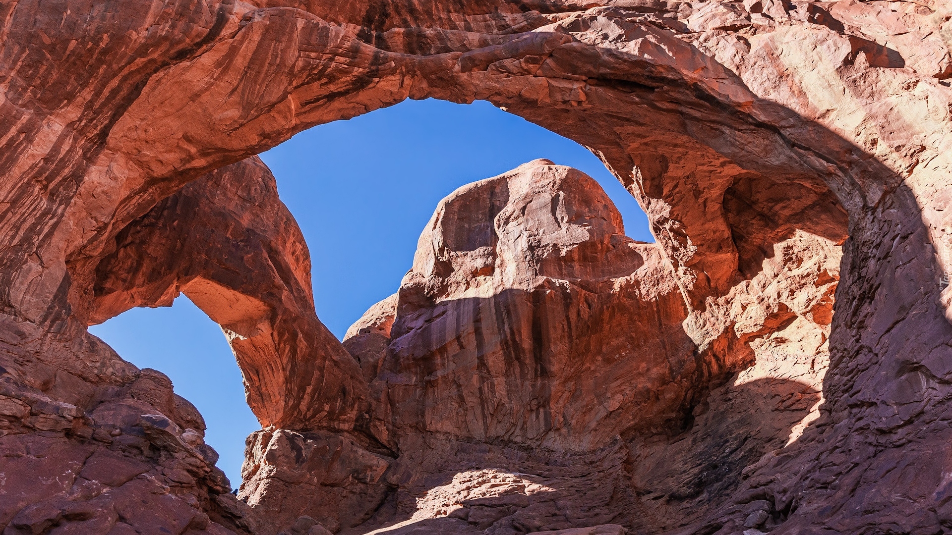 Skały, Double Arch, Kanion, Łuk, Niebo, Park Narodowy Arches, Utah, Stany Zjednoczone