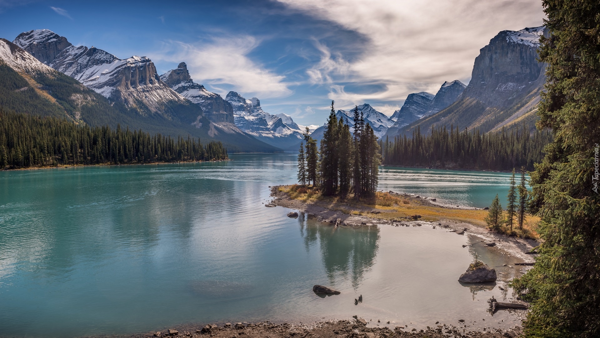 Park Narodowy Jasper, Jezioro, Maligne Lake, Góry, Drzewa, Lasy, Chmury, Alberta, Kanada