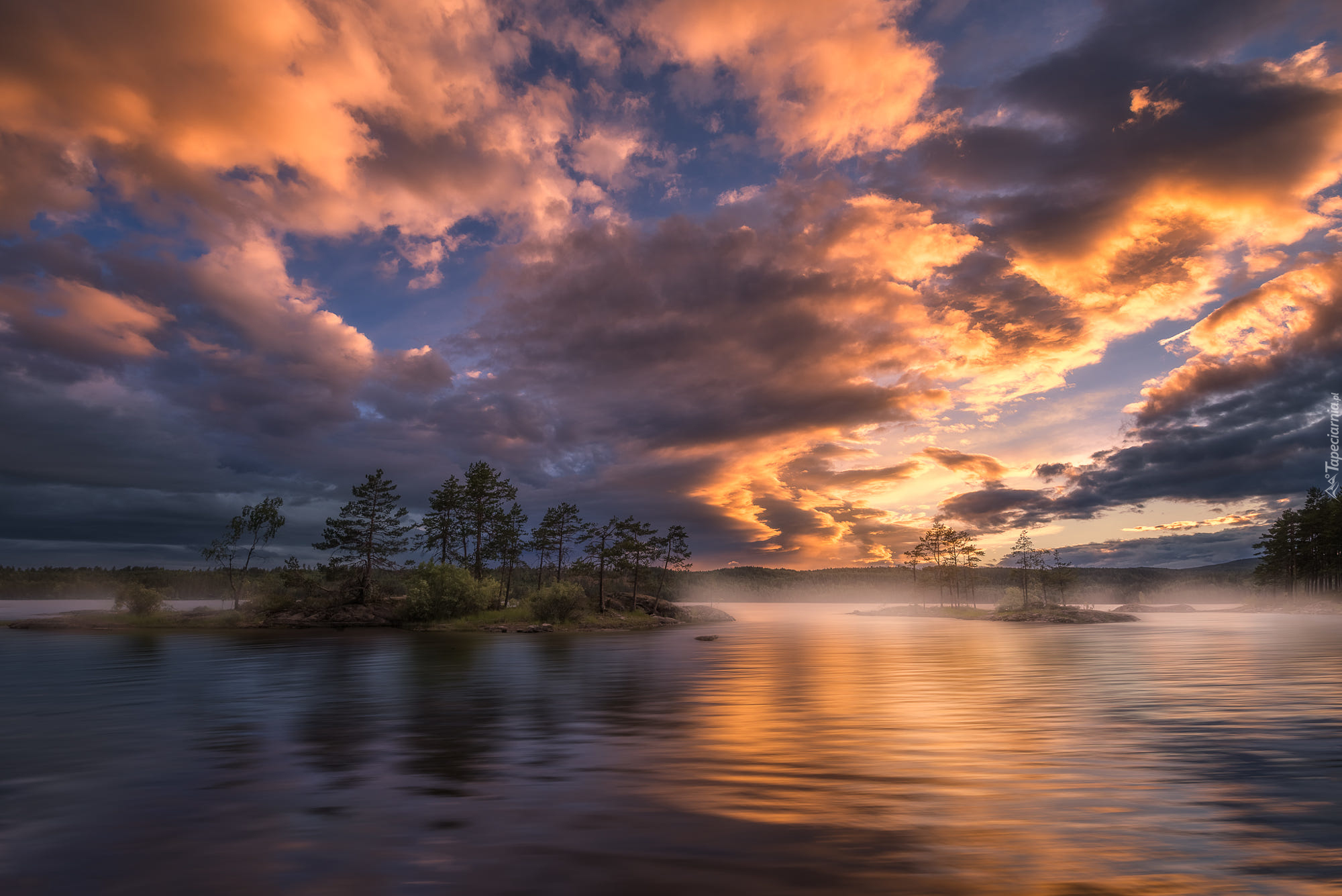 Norwegia, Ringerike, Jezioro, Drzewa, Chmury, Zachód słońca