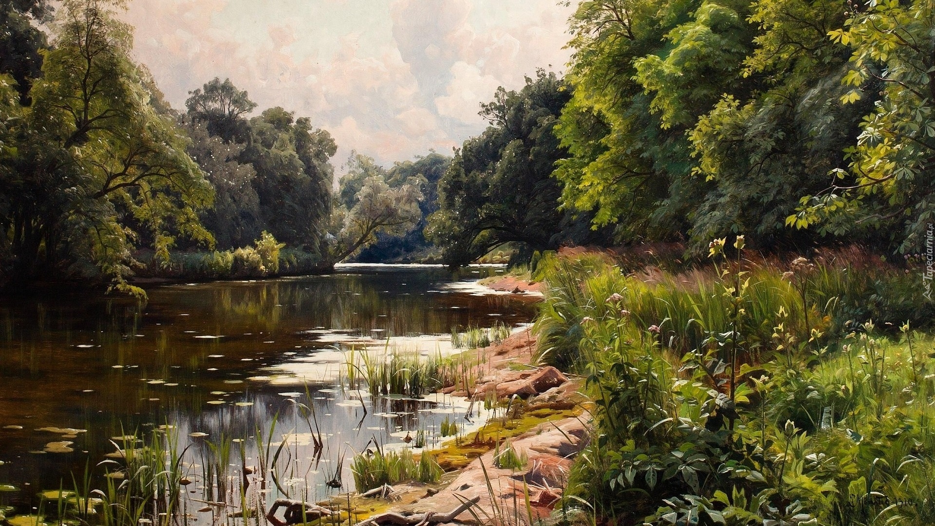 Obraz, Malarstwo, Peder Mork Monsted, Pejzaż, Rzeka, Drzewa, Roślinność