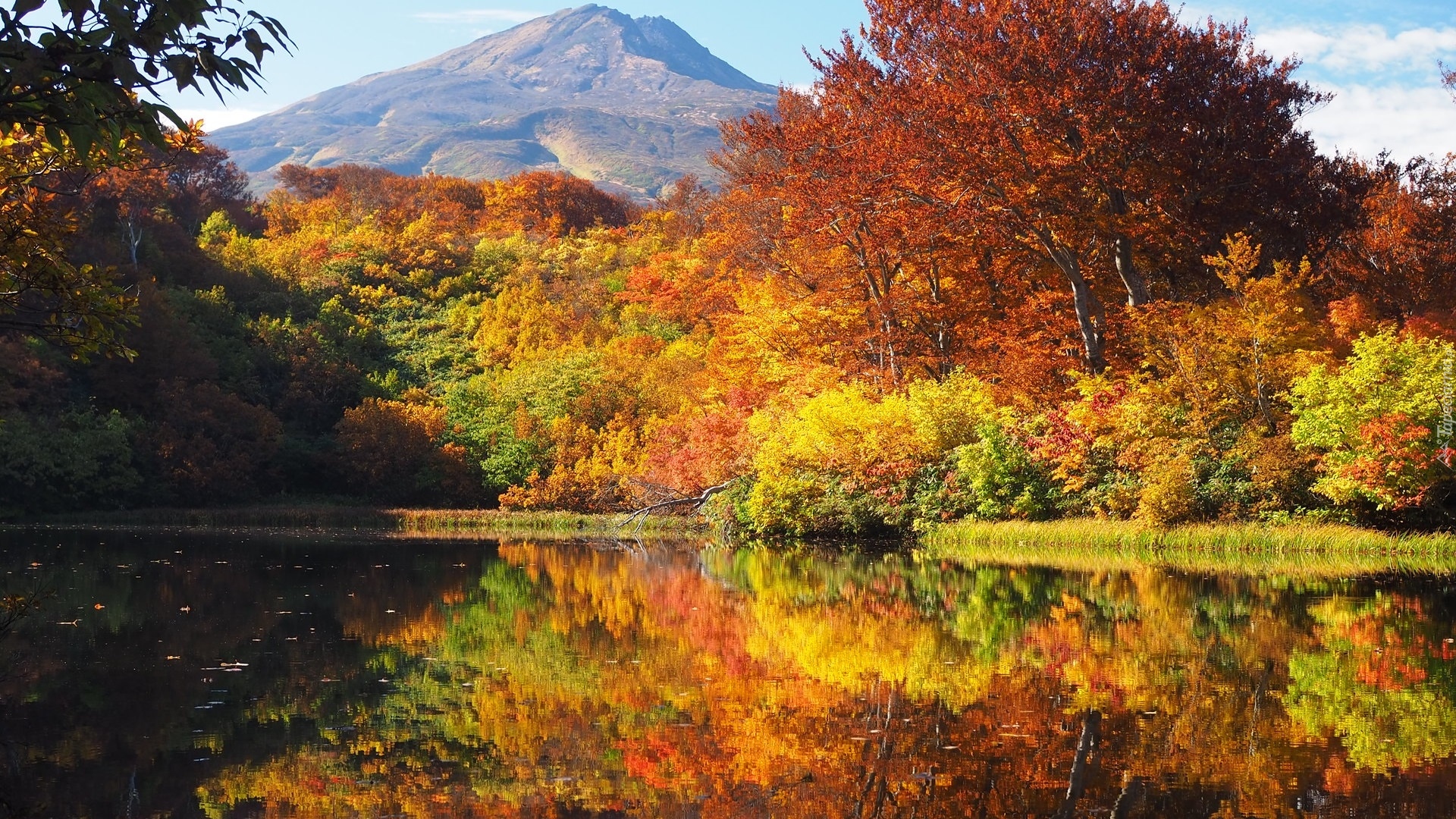 Jesień, Góra, Mount Chokai, Wulkan, Kolorowe, Drzewa, Staw, Zenjin pond, Odbicie, Yurihonjo, Akita, Japonia
